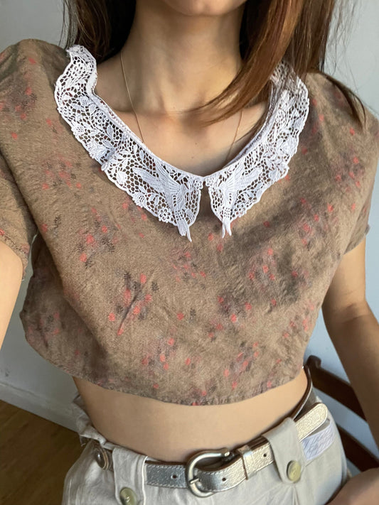 Cottage core romantic lace and wool crop top, Sweet handmade summer blouse, Feminine Woman farm core blouse, XXS - XS