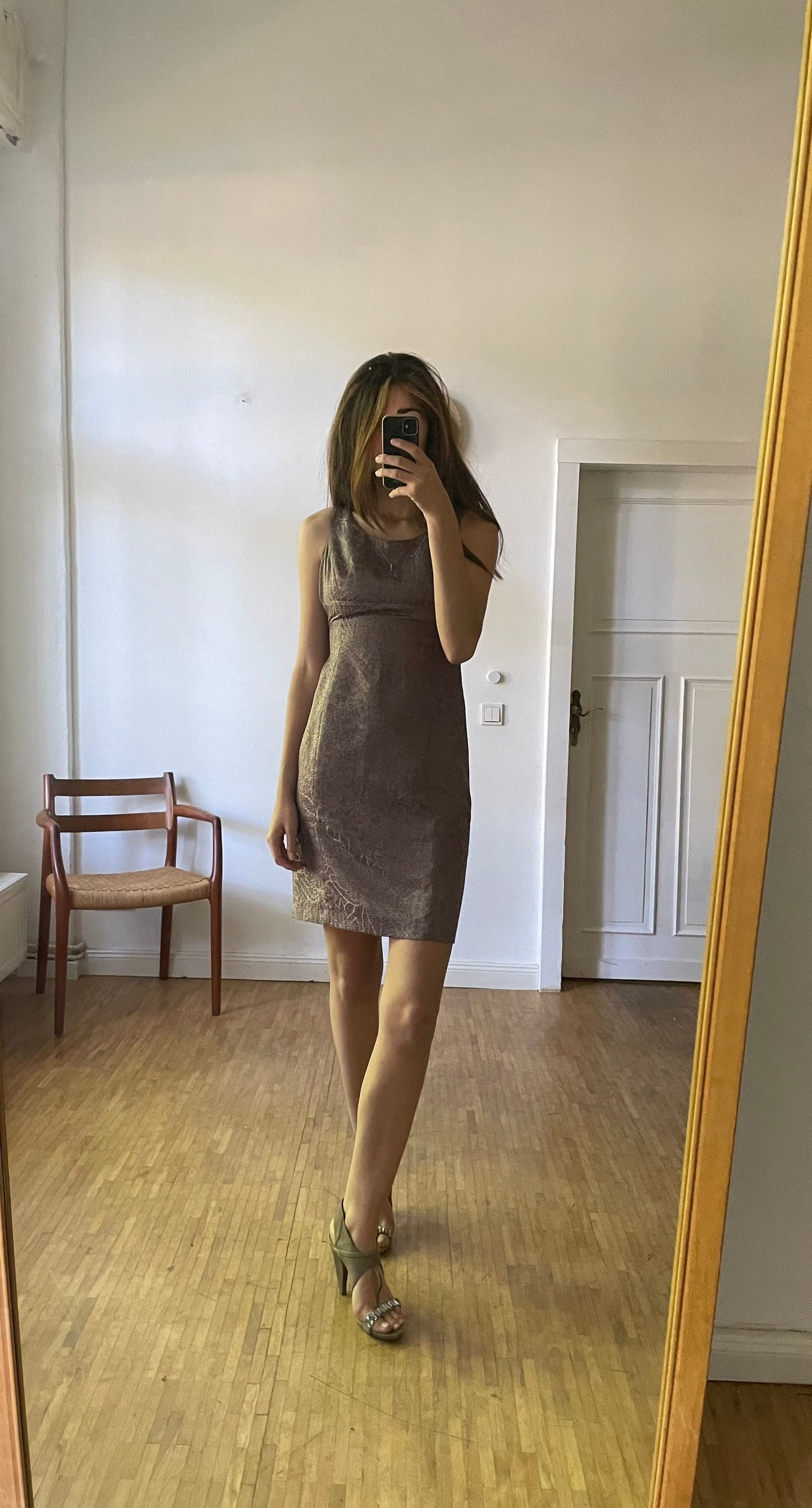 Bronze Armani collezioni formal midi dress, Tight pencil dress, Official cocktail dress, Midi bodycon, Vintage designer summer dress, S - M