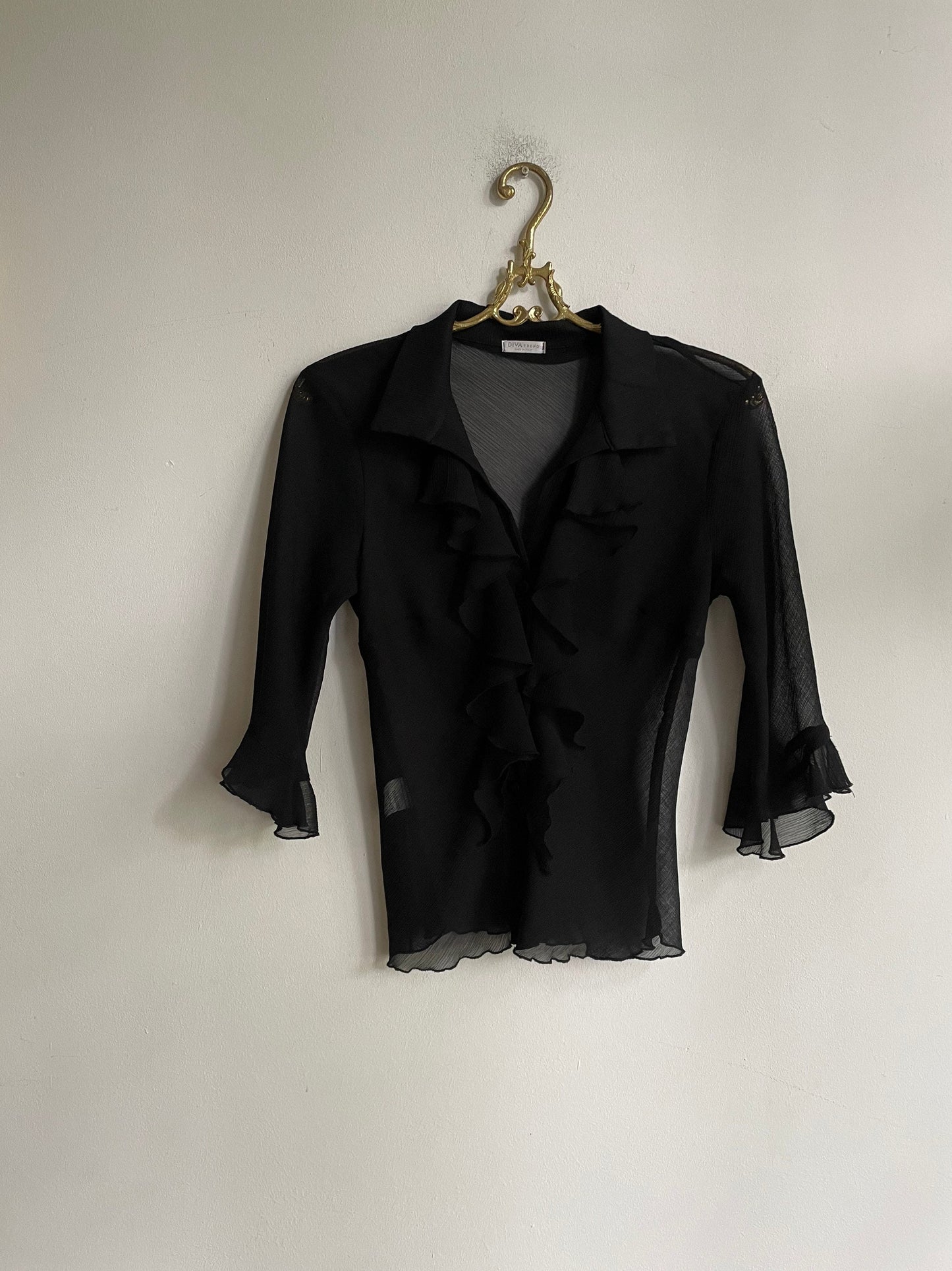 Sexy sheer black woman blouse, Ruffle button up shirt, Party outfit, Couture Punk shirt, See through shirt, Sexy blouse
