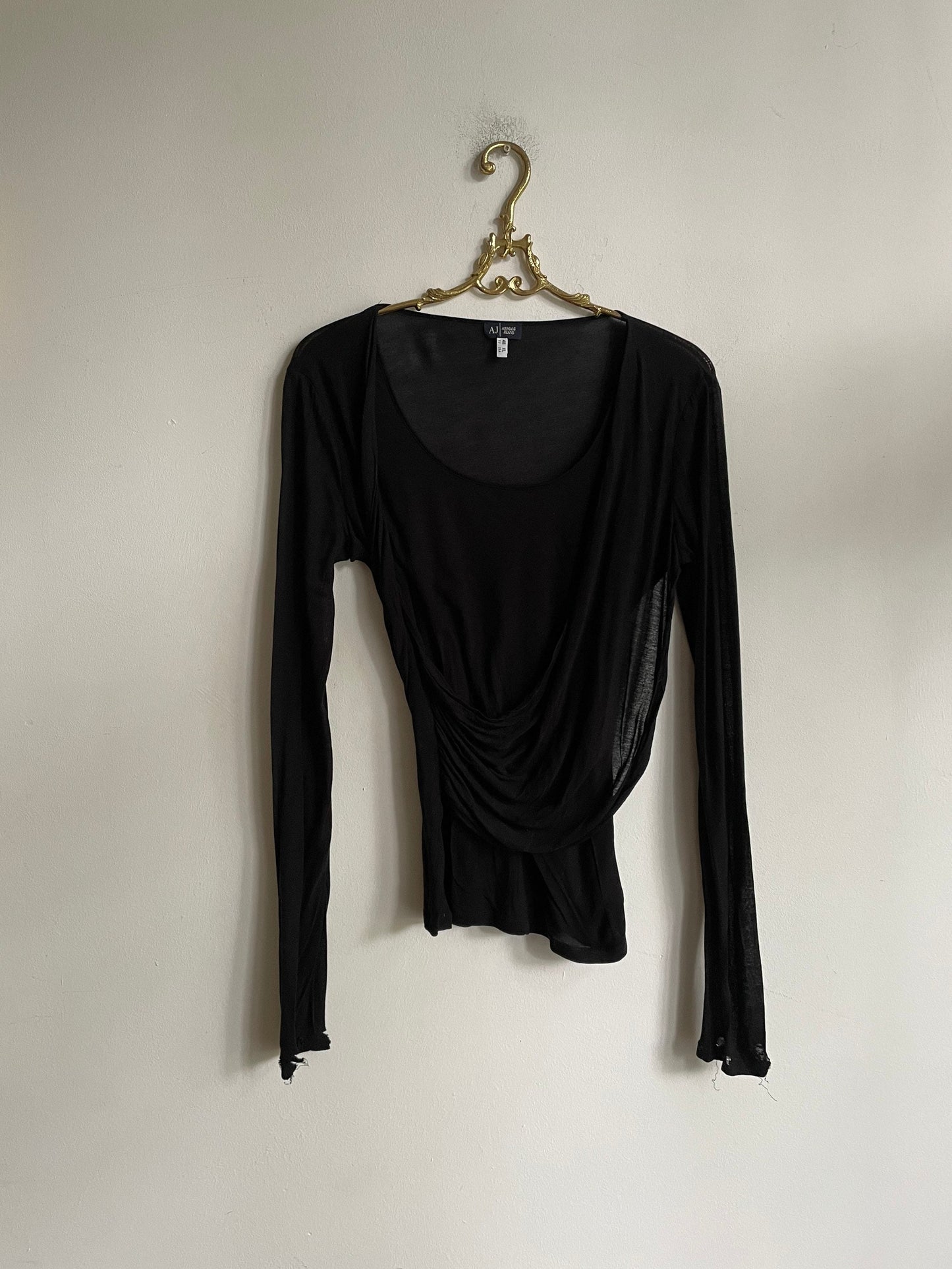 Y2K Armani Jeans Draped Black Long Sleeve Top – Sheer Layered Stretch Shirt – Minimalist ’90s It Girl Style