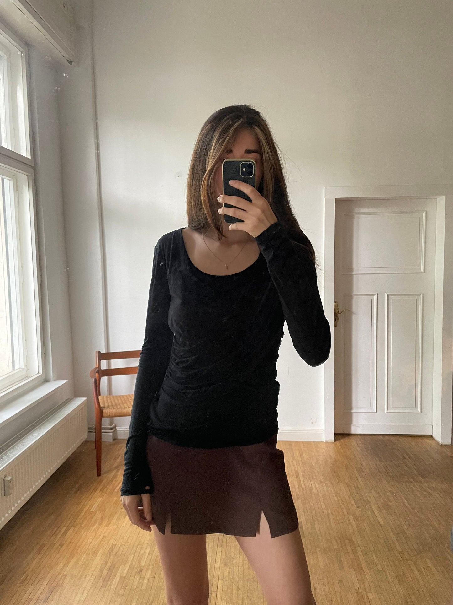 Y2K Armani Jeans Draped Black Long Sleeve Top – Sheer Layered Stretch Shirt – Minimalist ’90s It Girl Style