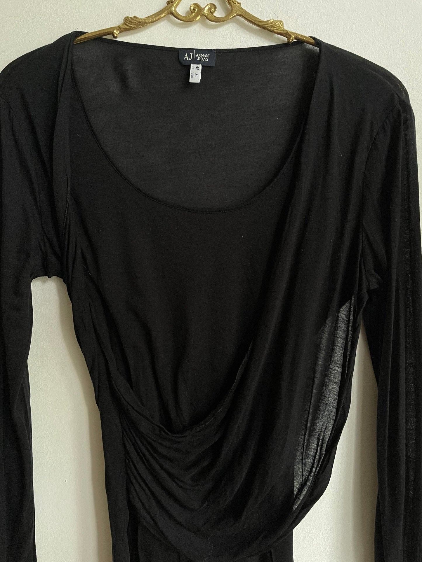 Y2K Armani Jeans Draped Black Long Sleeve Top – Sheer Layered Stretch Shirt – Minimalist ’90s It Girl Style