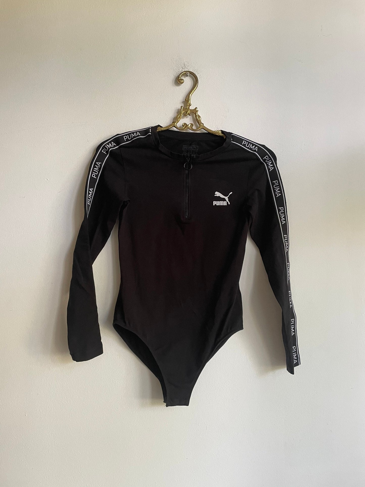 Vintage Puma Black & White Long Sleeve Bodysuit, Zipper Front Dance Leotard, Sporty Sexy High Waisted Top, Size 34 Cotton Elastane