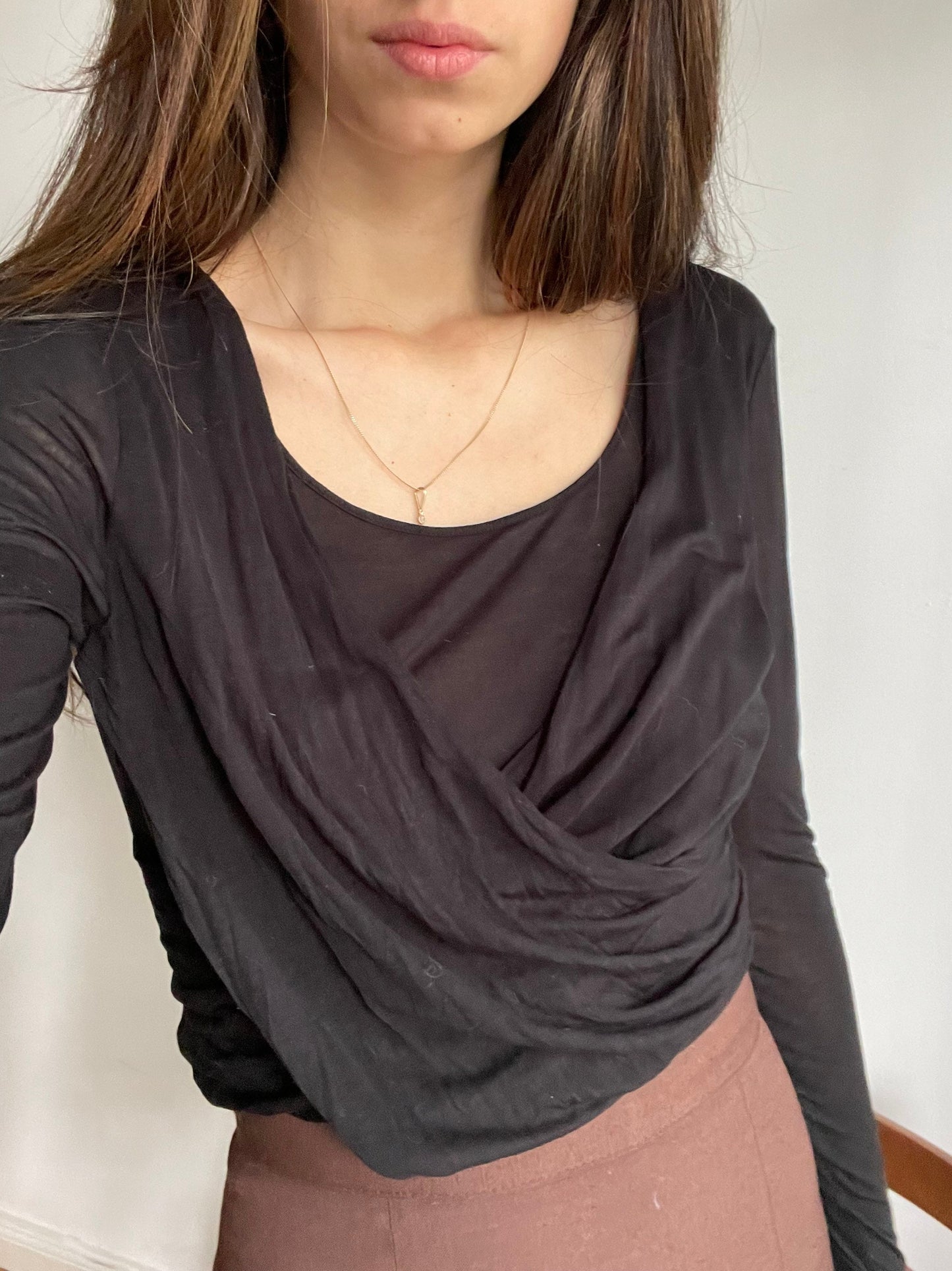 Y2K Armani Jeans Draped Black Long Sleeve Top – Sheer Layered Stretch Shirt – Minimalist ’90s It Girl Style
