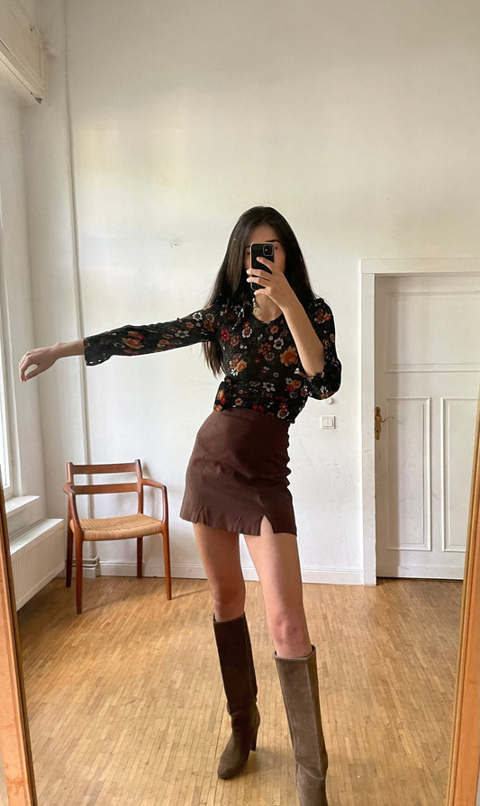 70s Black Lycra Floral Top — detail