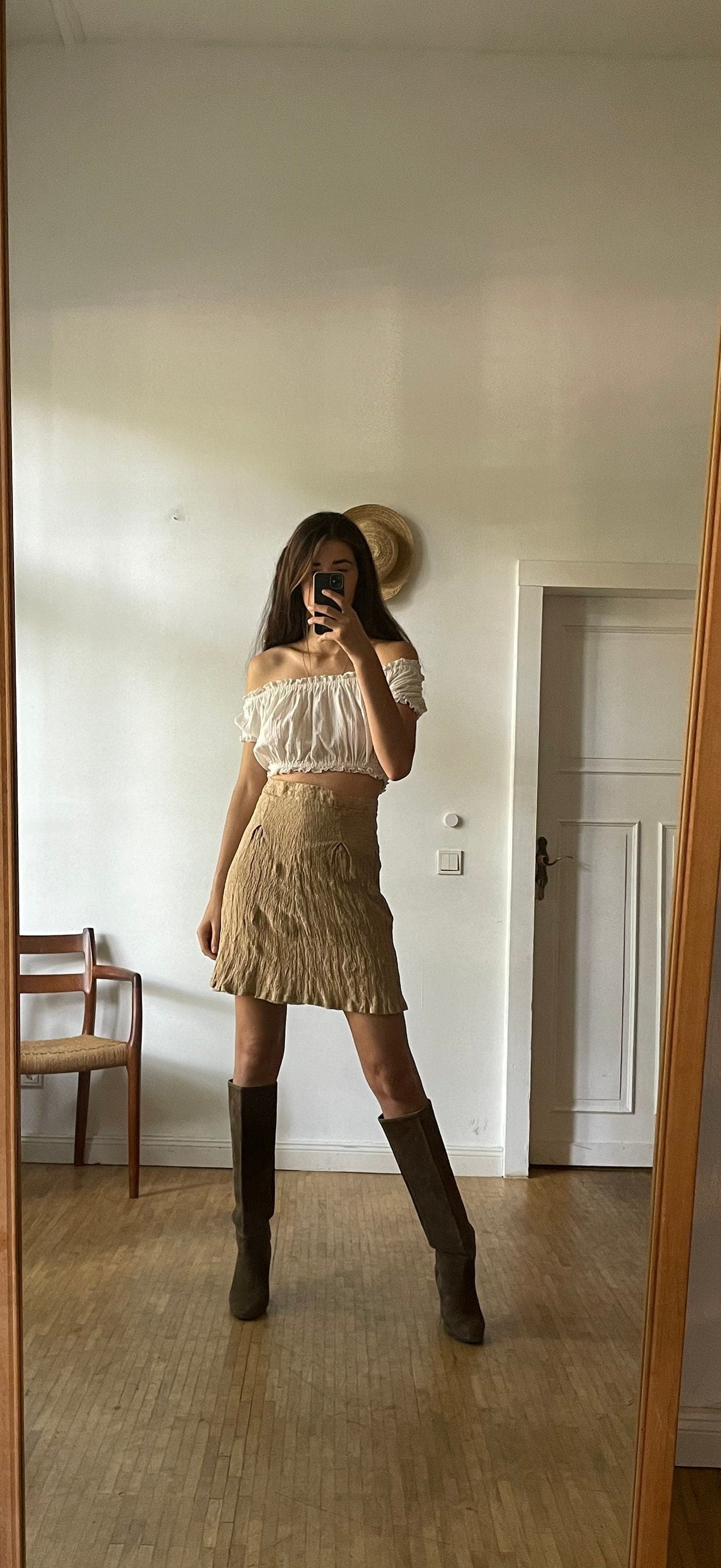 Caramel summer skirt, Tan high waist feminine midi skirt.