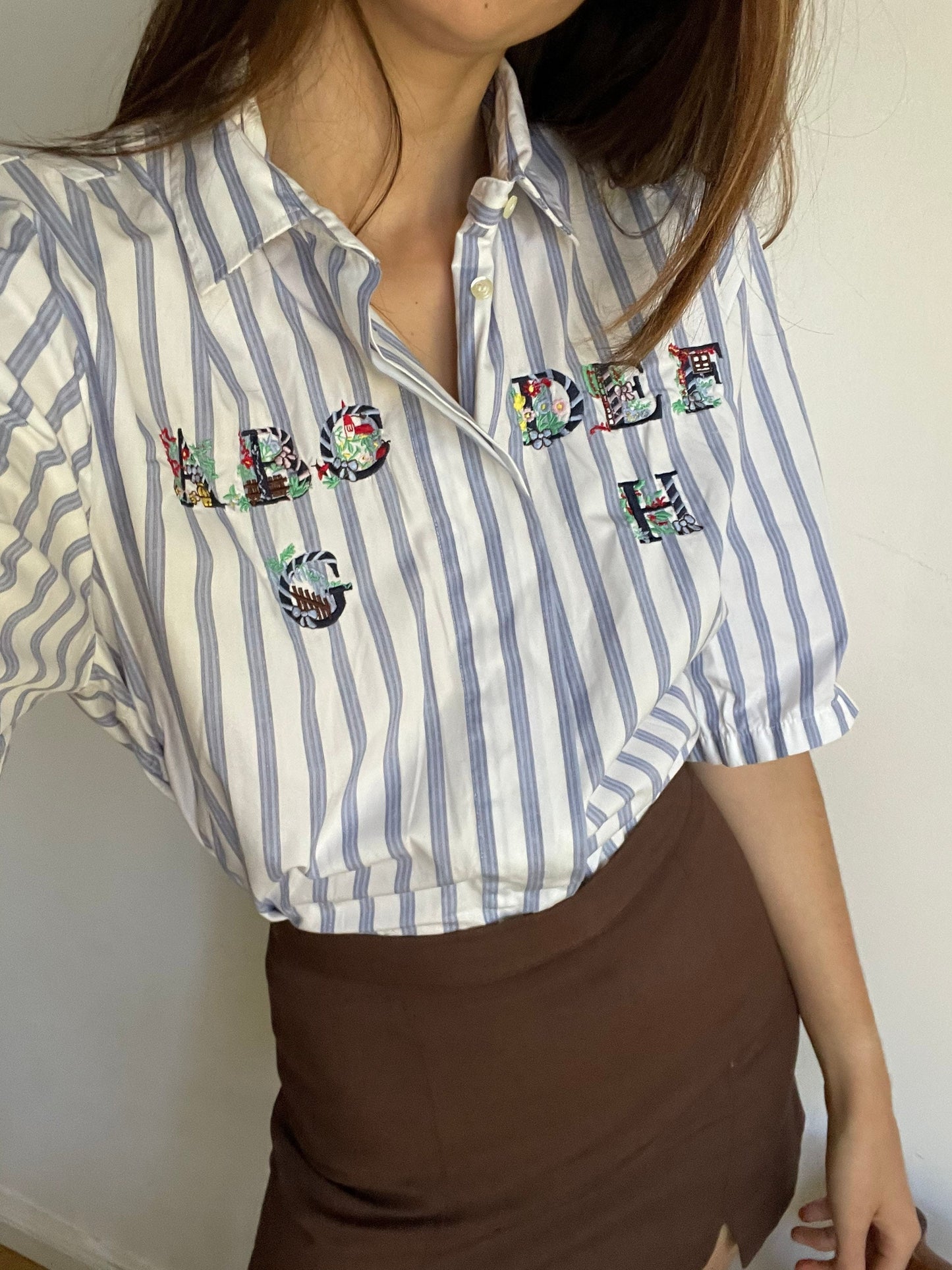 A B C teacher shirt, Blue and white striped vintage woman blouse, Cotton button up shirt, Embroidered retro clothing, Oversized blouse
