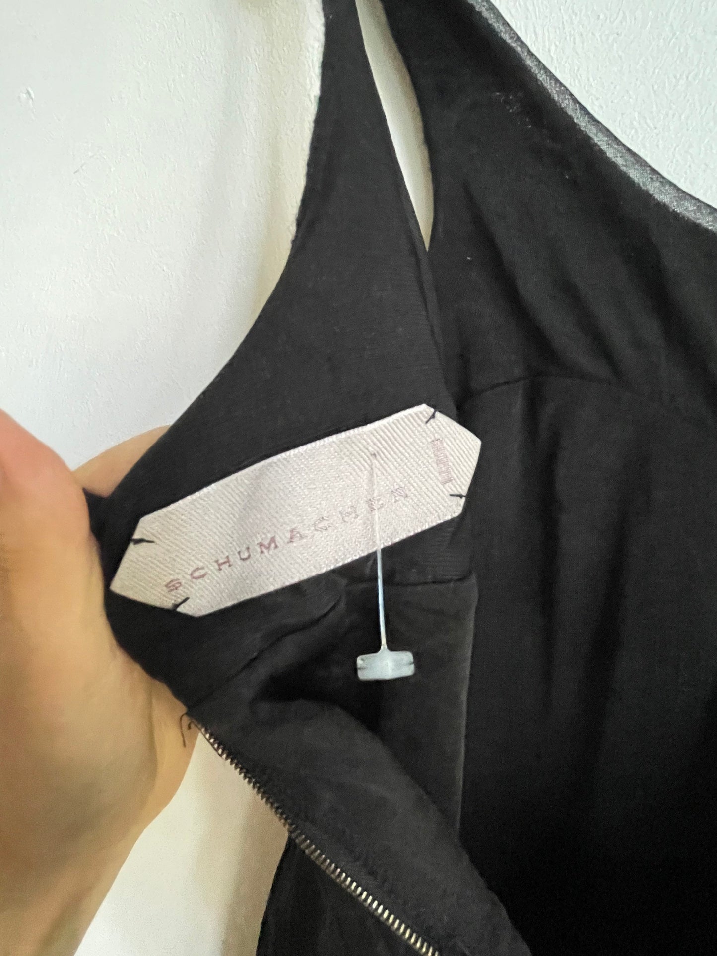 Dorothee Schumacher black mini dress – wool blend neckline, silk-feel body, size S, elegant party-ready fit