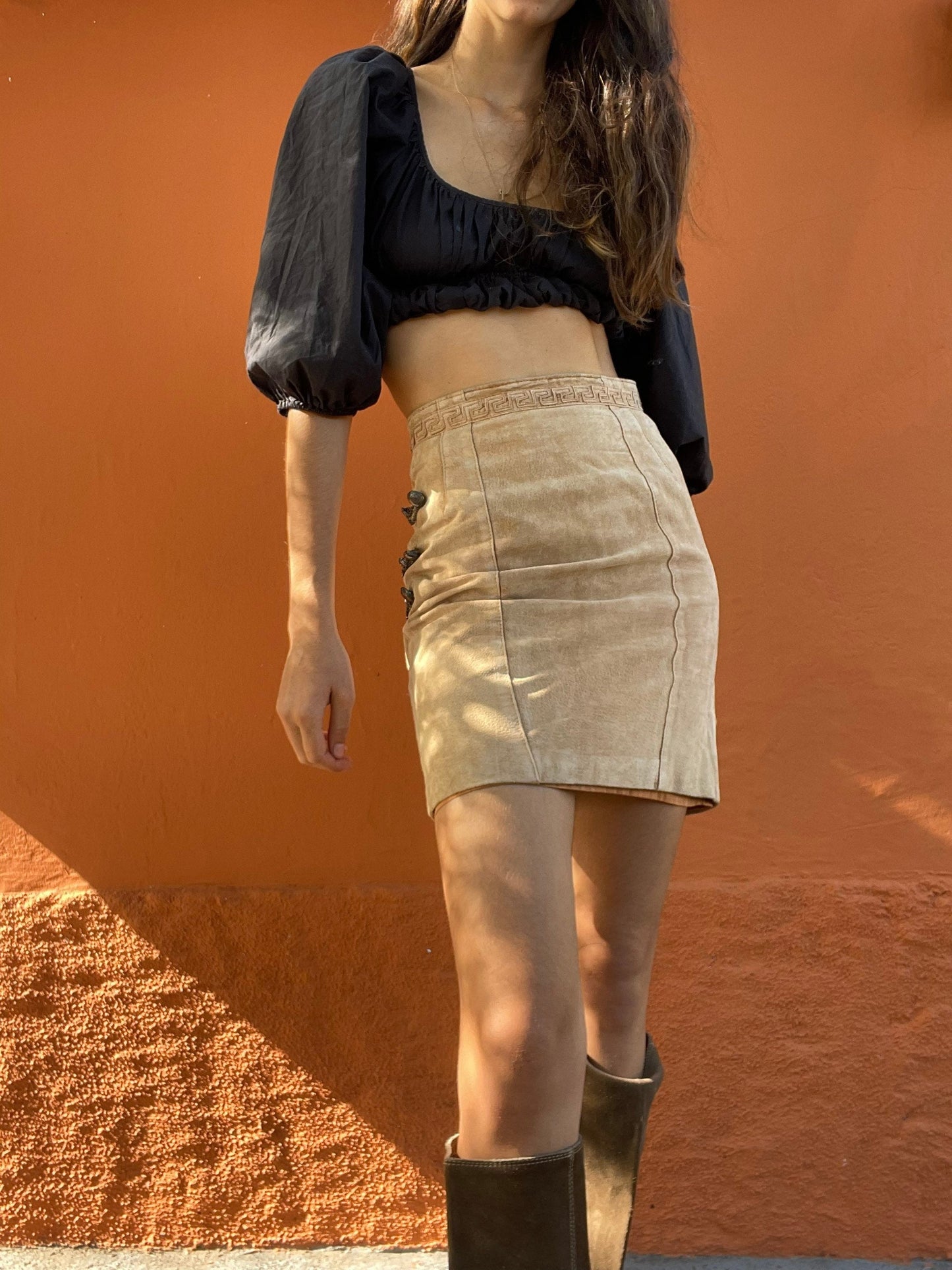Earthy oatmeal suede leather mini skirt, Genuine leather vintage short skirt, Beige natural clothing, Tan tight short skirt, 70s