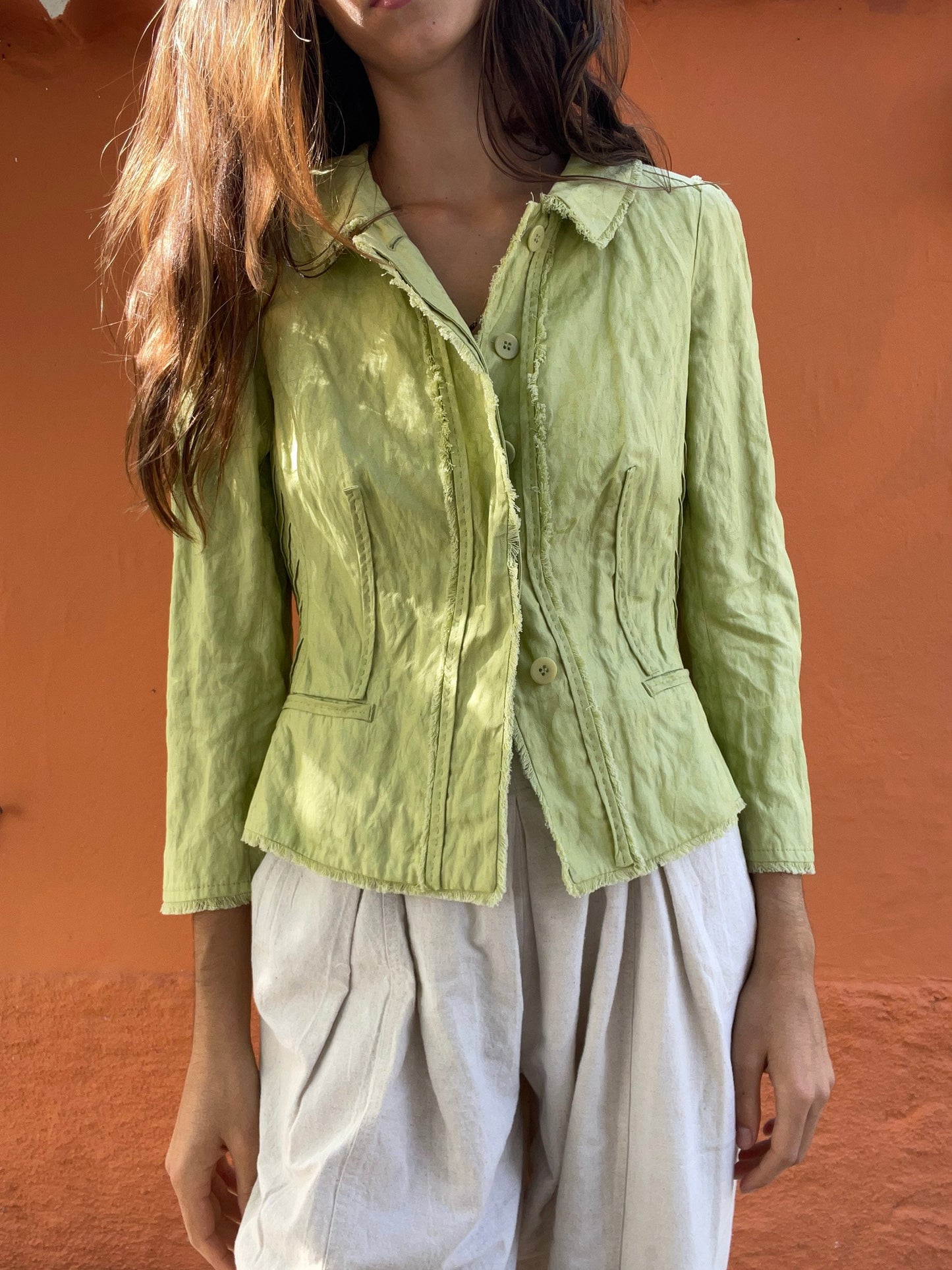 Apple green Purificacion Garcia feminine summer jacket, Vintage designer clothing, Formal pastel blazer, Wedding guest jacket, Haute couture