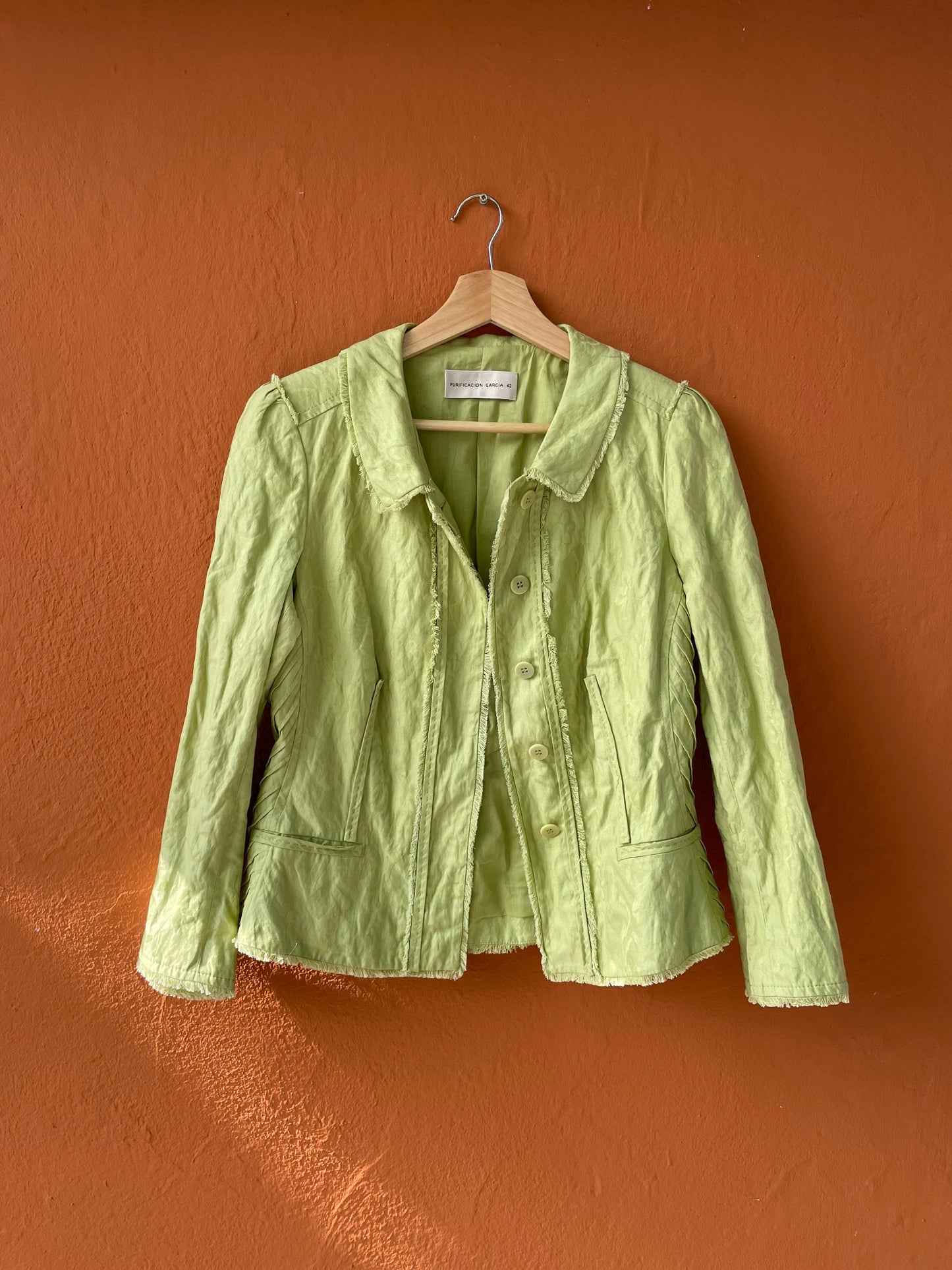 Apple green Purificacion Garcia feminine summer jacket, Vintage designer clothing, Formal pastel blazer, Wedding guest jacket, Haute couture