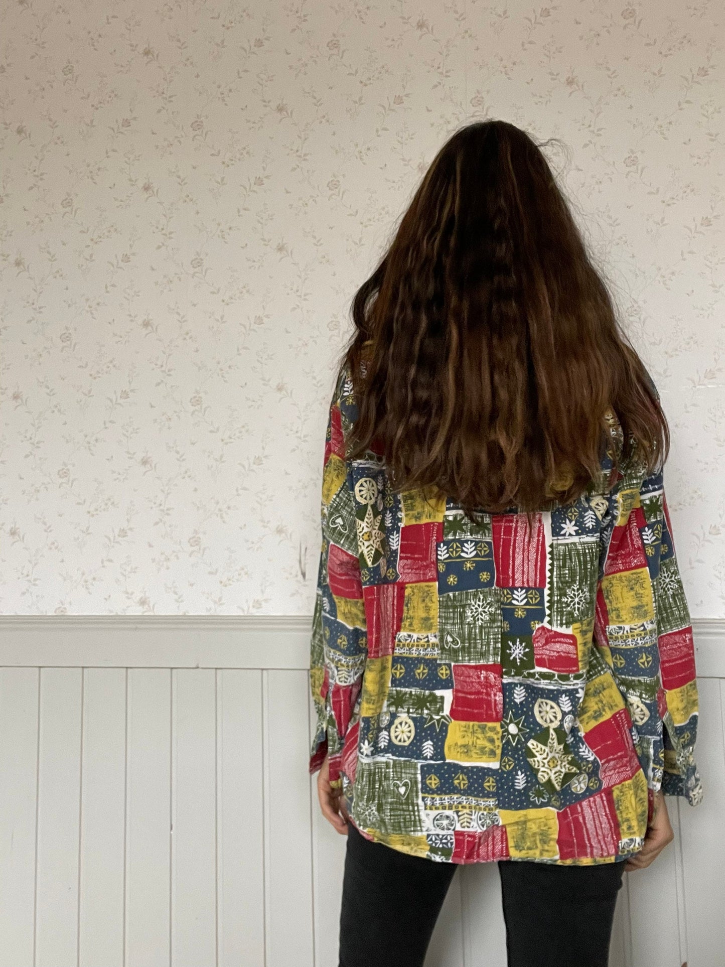 Horizonte 80s Christmas themed shirt, Oversized button up, Colourful 80s shirt, Patchwork hipster blouse, Ugly 80s button up, Tie up shirt