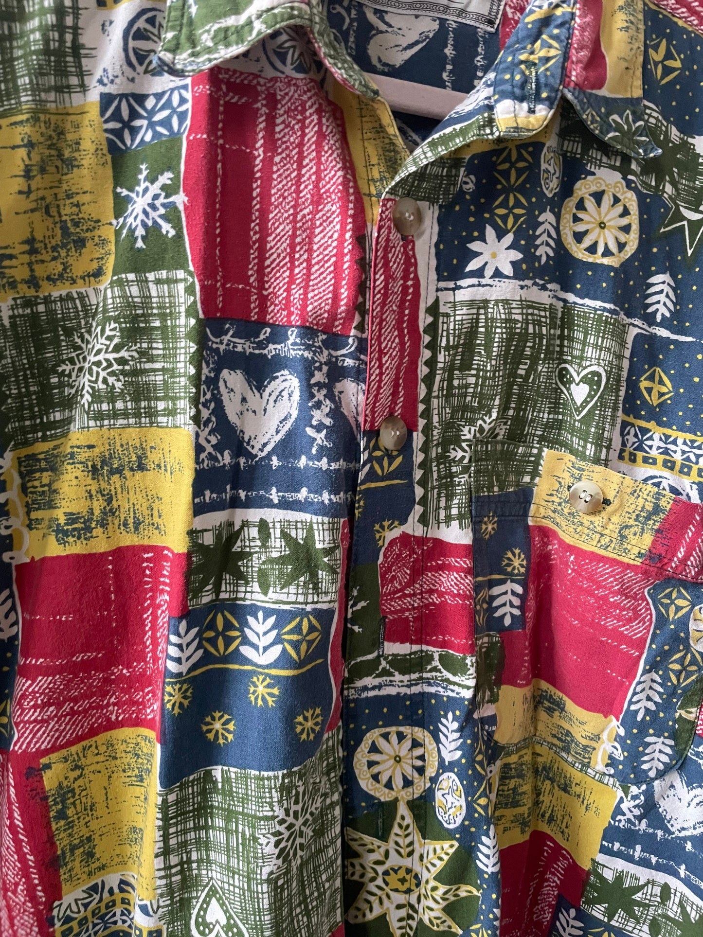 Horizonte 80s Christmas themed shirt, Oversized button up, Colourful 80s shirt, Patchwork hipster blouse, Ugly 80s button up, Tie up shirt