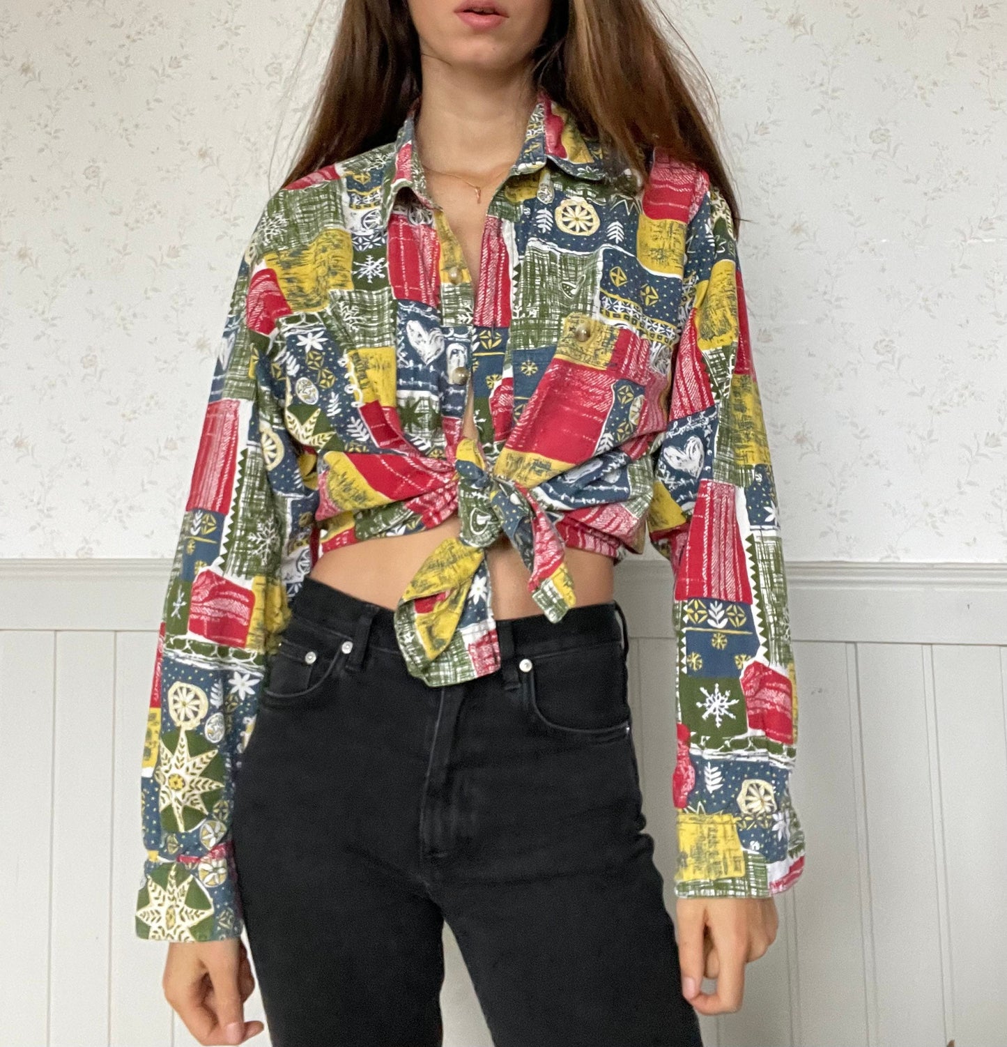 Horizonte 80s Christmas themed shirt, Oversized button up, Colourful 80s shirt, Patchwork hipster blouse, Ugly 80s button up, Tie up shirt