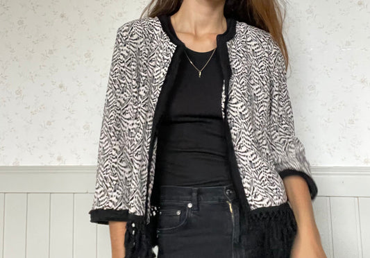 Boho chic woman cardigan, Black and white beach jacket, Tassel summer jacket, Y2K style, Modern boho cardigan