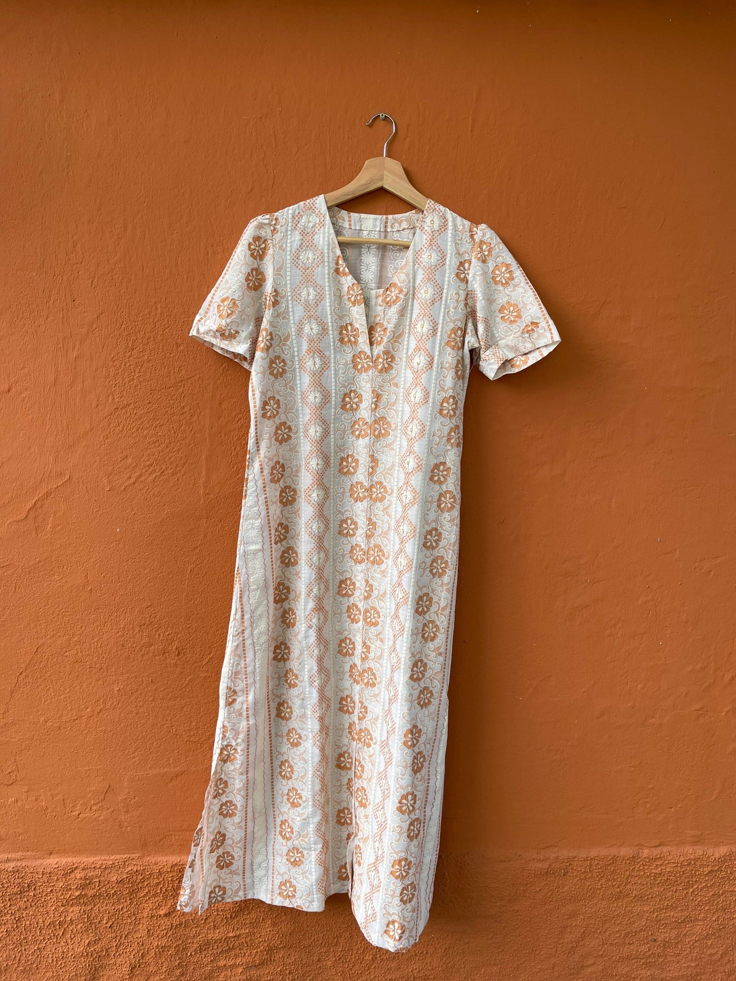Orange and white long 70s dress tangerine vintage woman's nightgown, Feminine Cottage core nightie, M