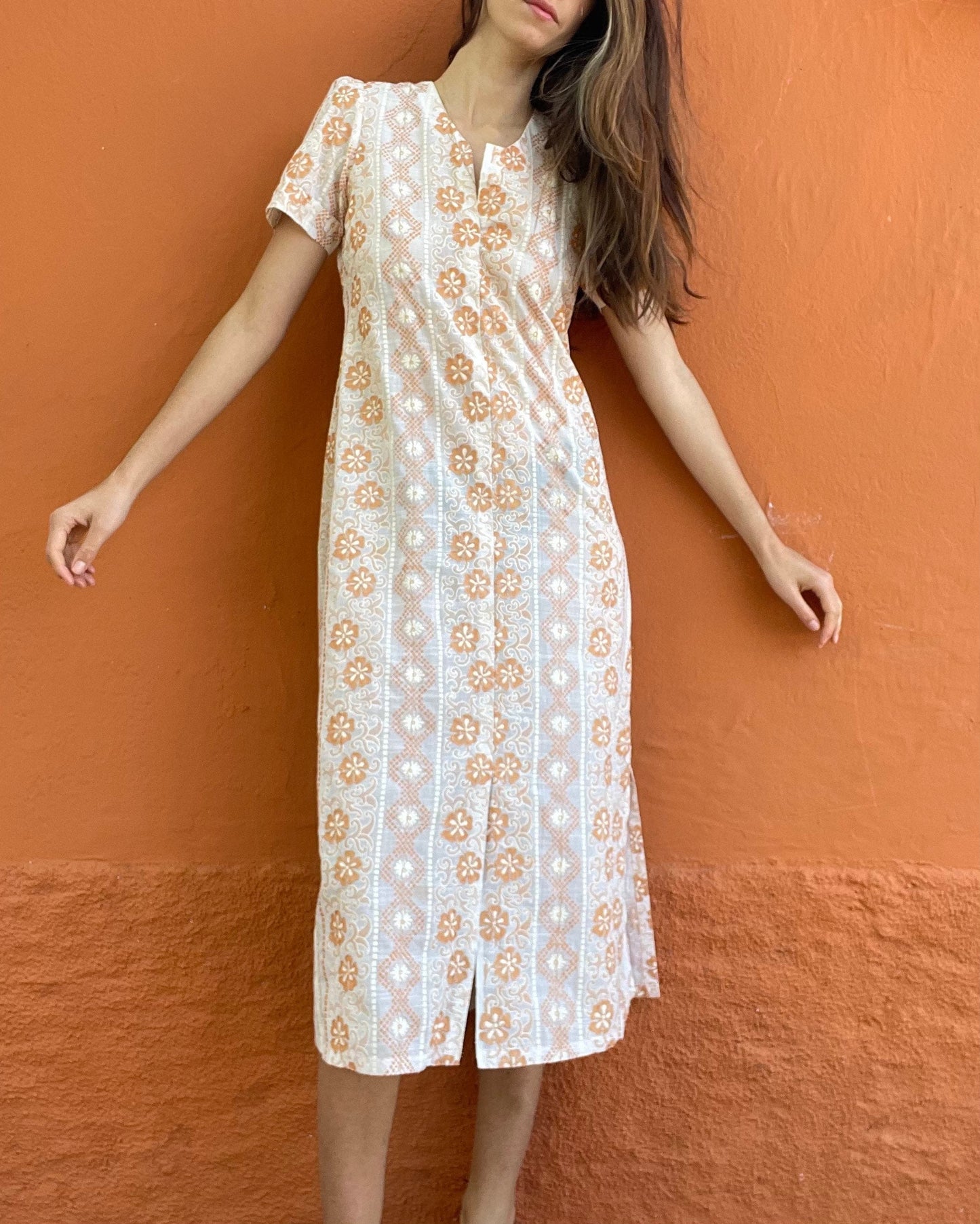 Orange and white long 70s dress tangerine vintage woman's nightgown, Feminine Cottage core nightie, M