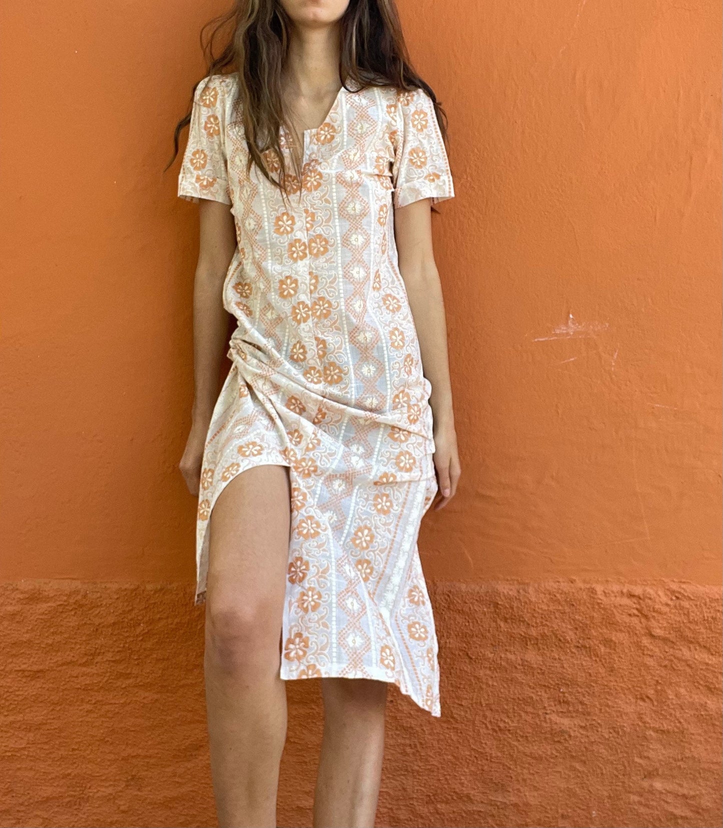 Orange and white long 70s dress tangerine vintage woman's nightgown, Feminine Cottage core nightie, M