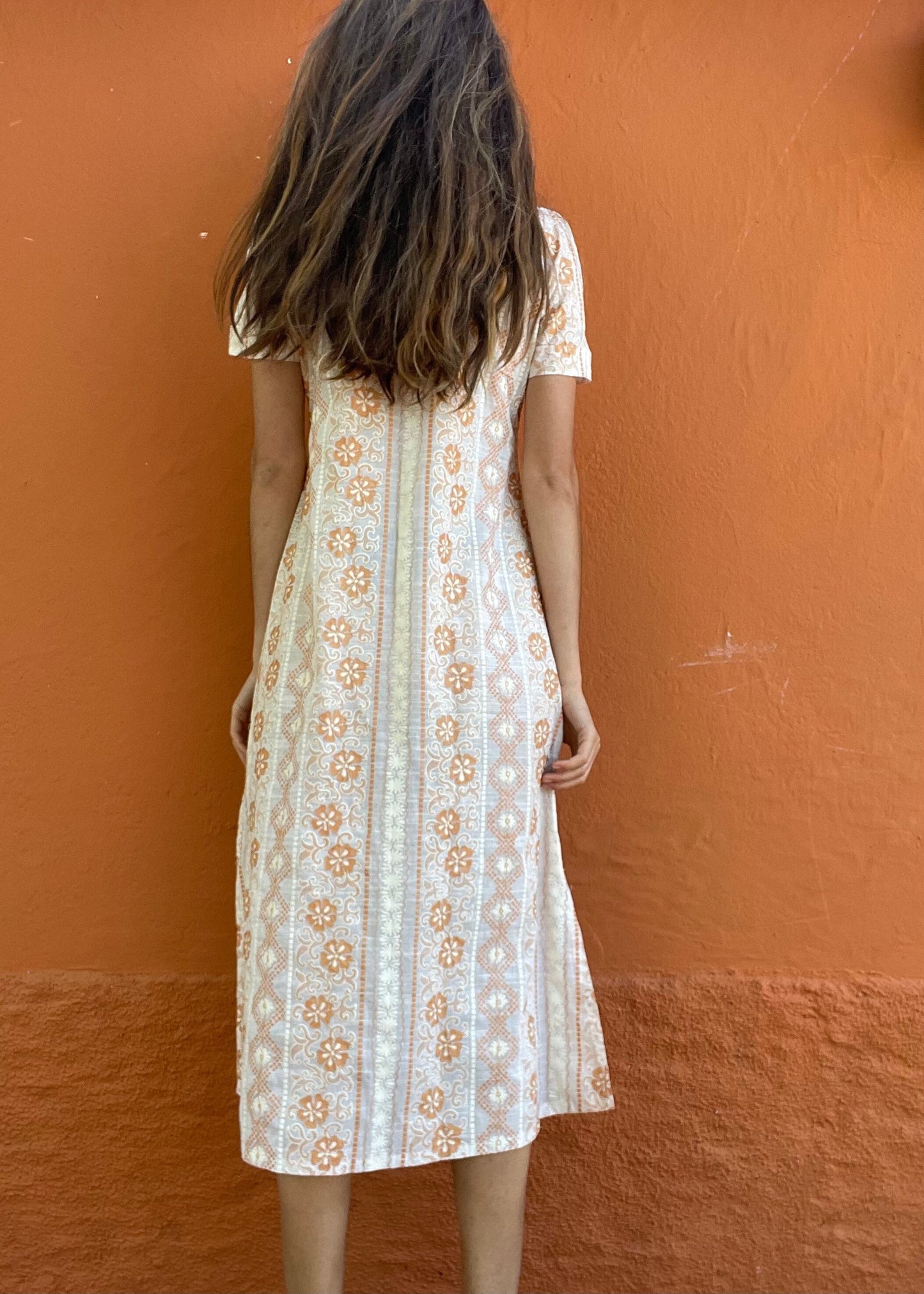 Orange and white long 70s dress tangerine vintage woman's nightgown, Feminine Cottage core nightie, M