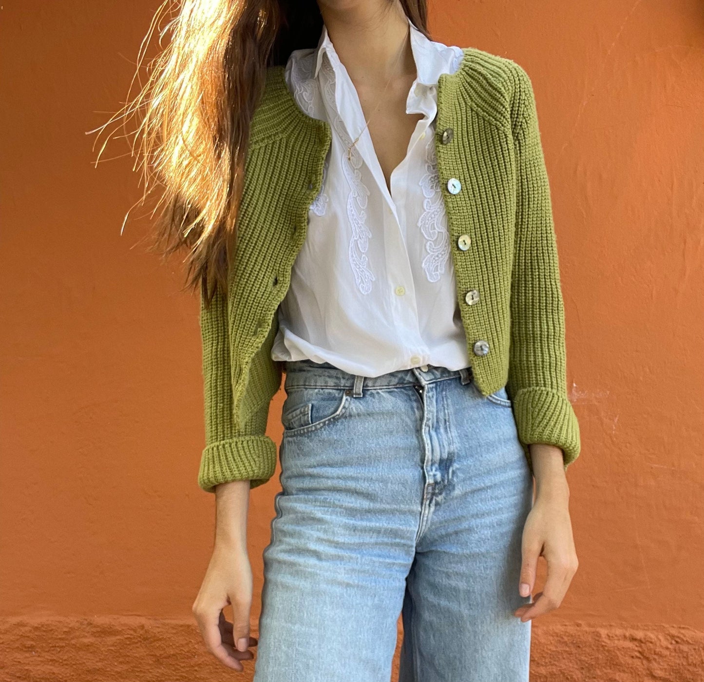 Vintage moss green cardigan with mother of pearl buttons, Wool light Academia aesthetic vest, Apple green jumper, Unisex winter clothing