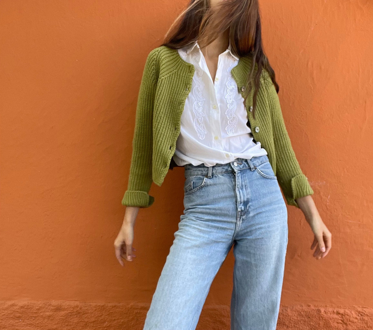 Vintage moss green cardigan with mother of pearl buttons, Wool light Academia aesthetic vest, Apple green jumper, Unisex winter clothing