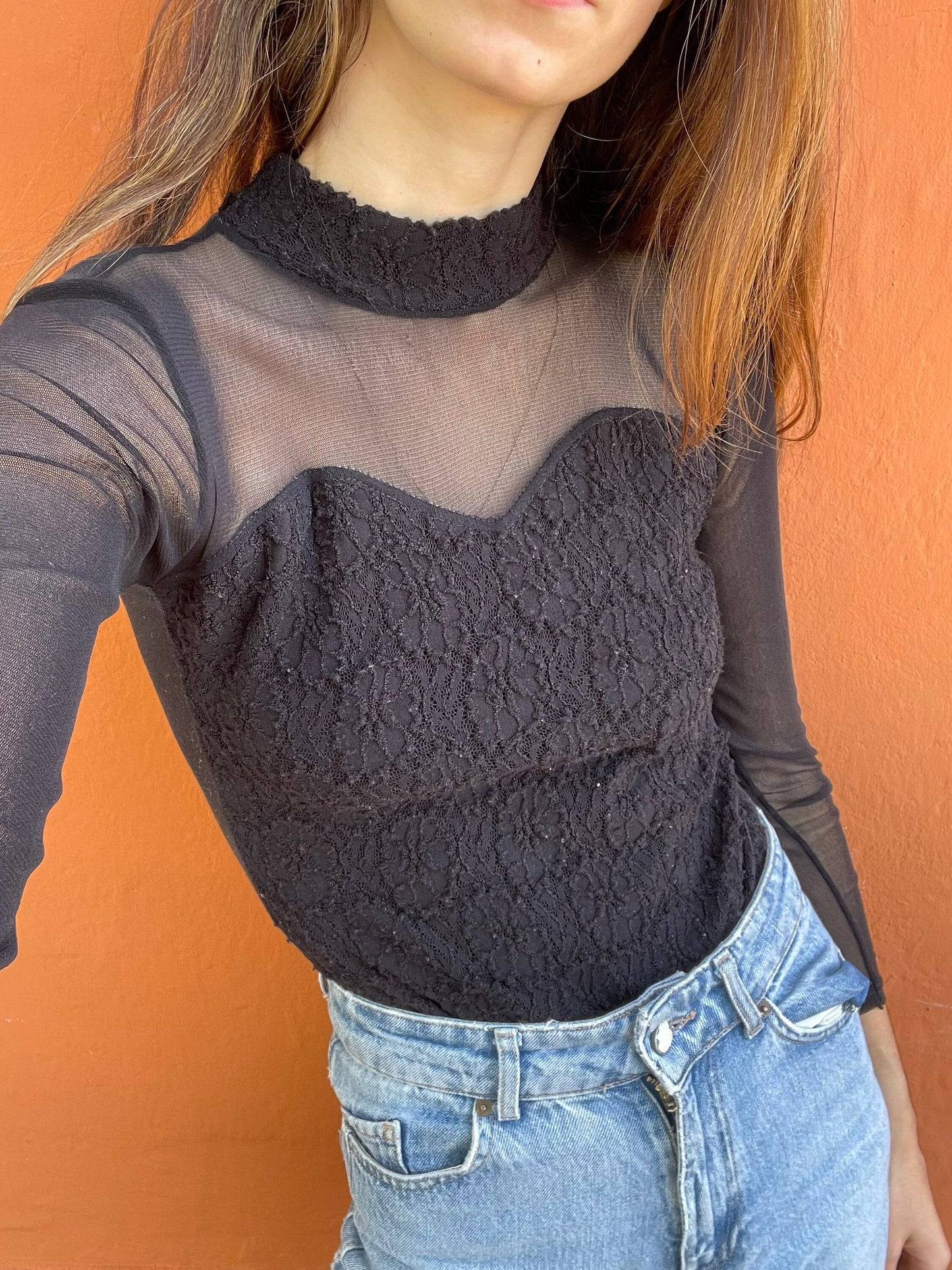 Black see through long sleeve body, Vintage Sheer turtleneck top, Retro bodysuit, Sexy summer dance clothing, Party top, Vintage Leotard, XS