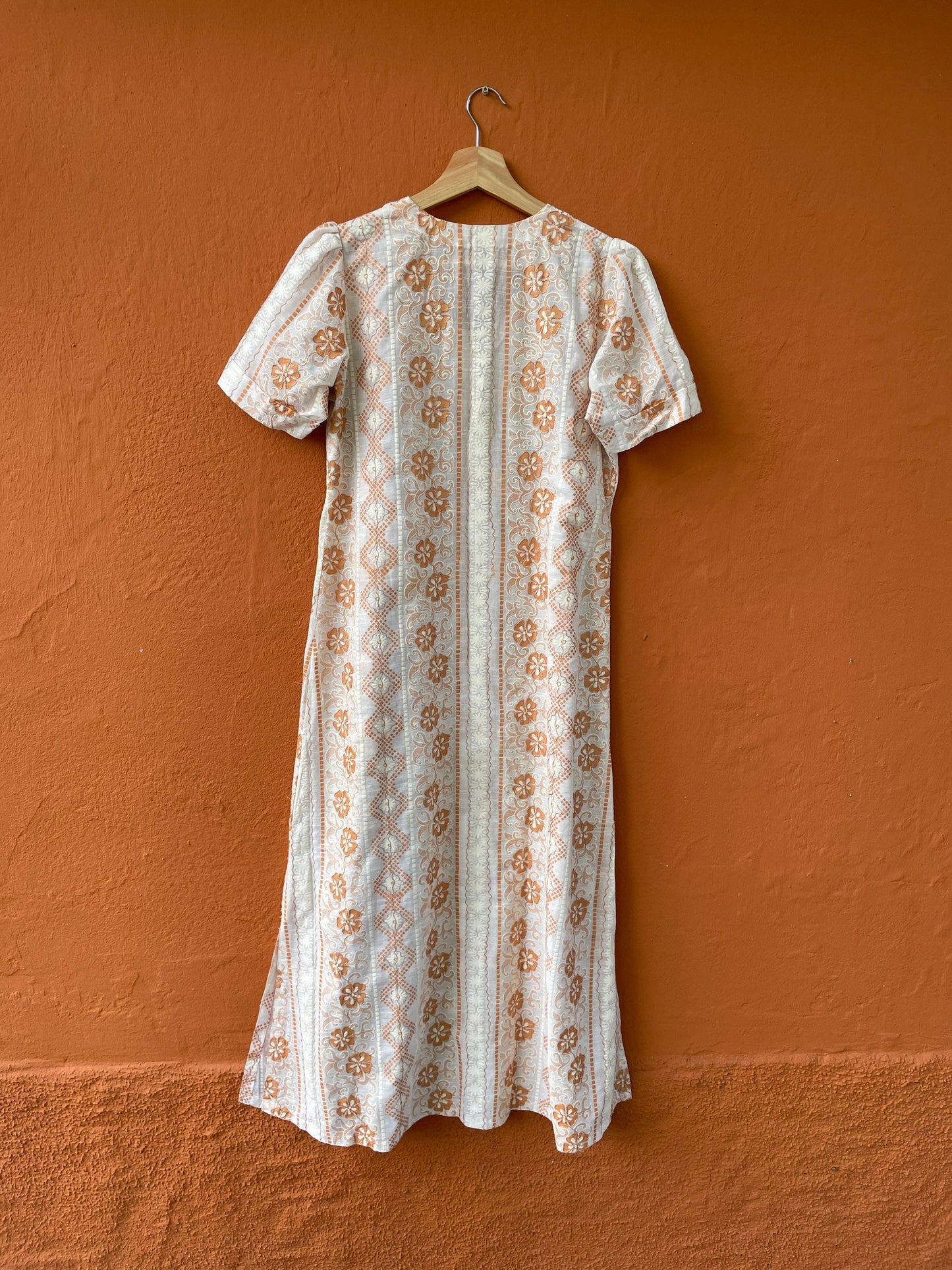 Orange and white long 70s dress tangerine vintage woman's nightgown, Feminine Cottage core nightie, M