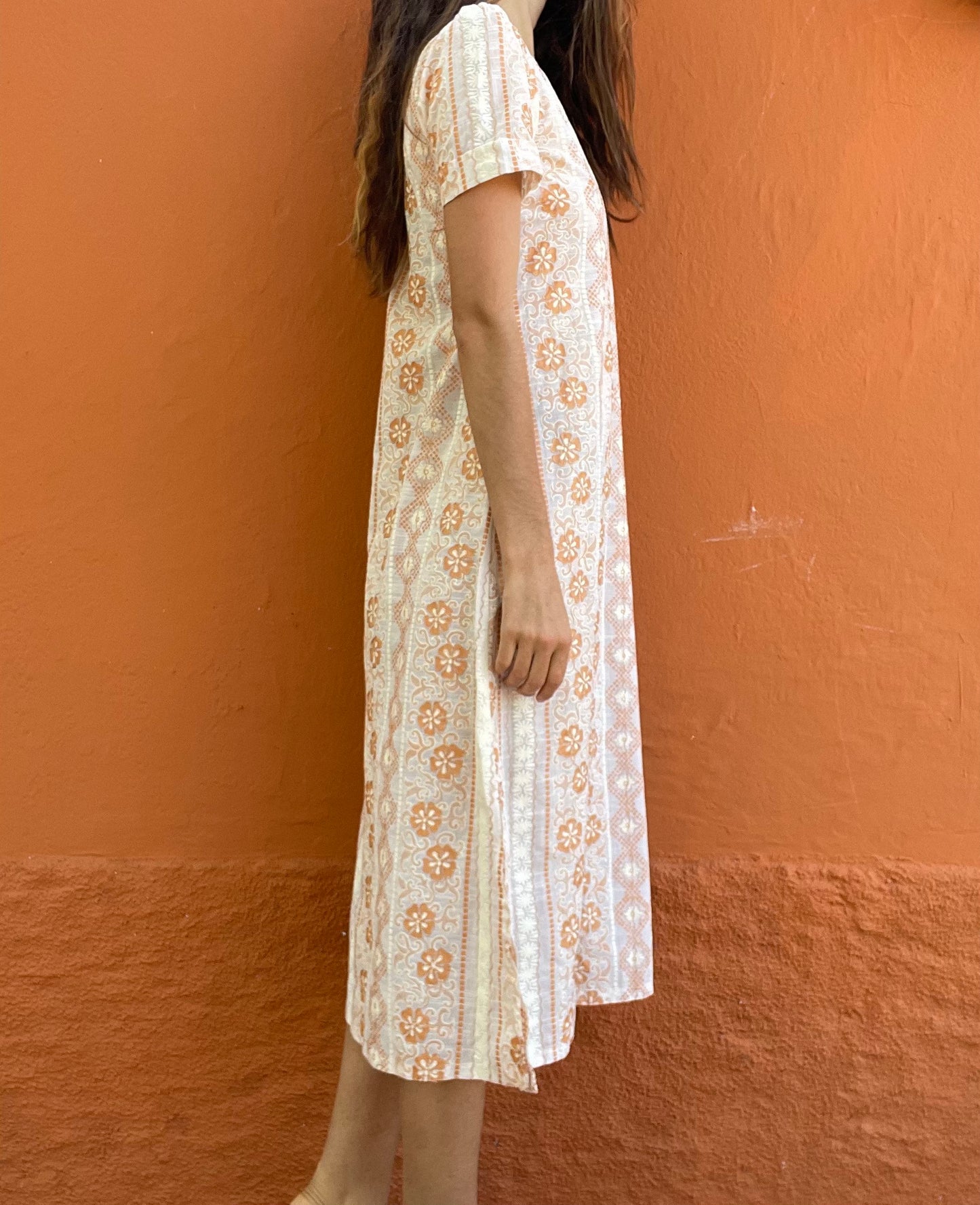 Orange and white long 70s dress tangerine vintage woman's nightgown, Feminine Cottage core nightie, M