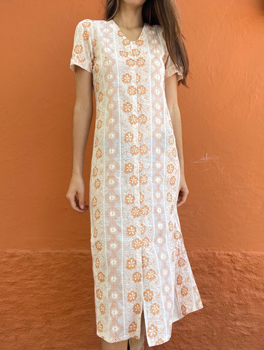 Orange and white long 70s dress tangerine vintage woman's nightgown, Feminine Cottage core nightie, M