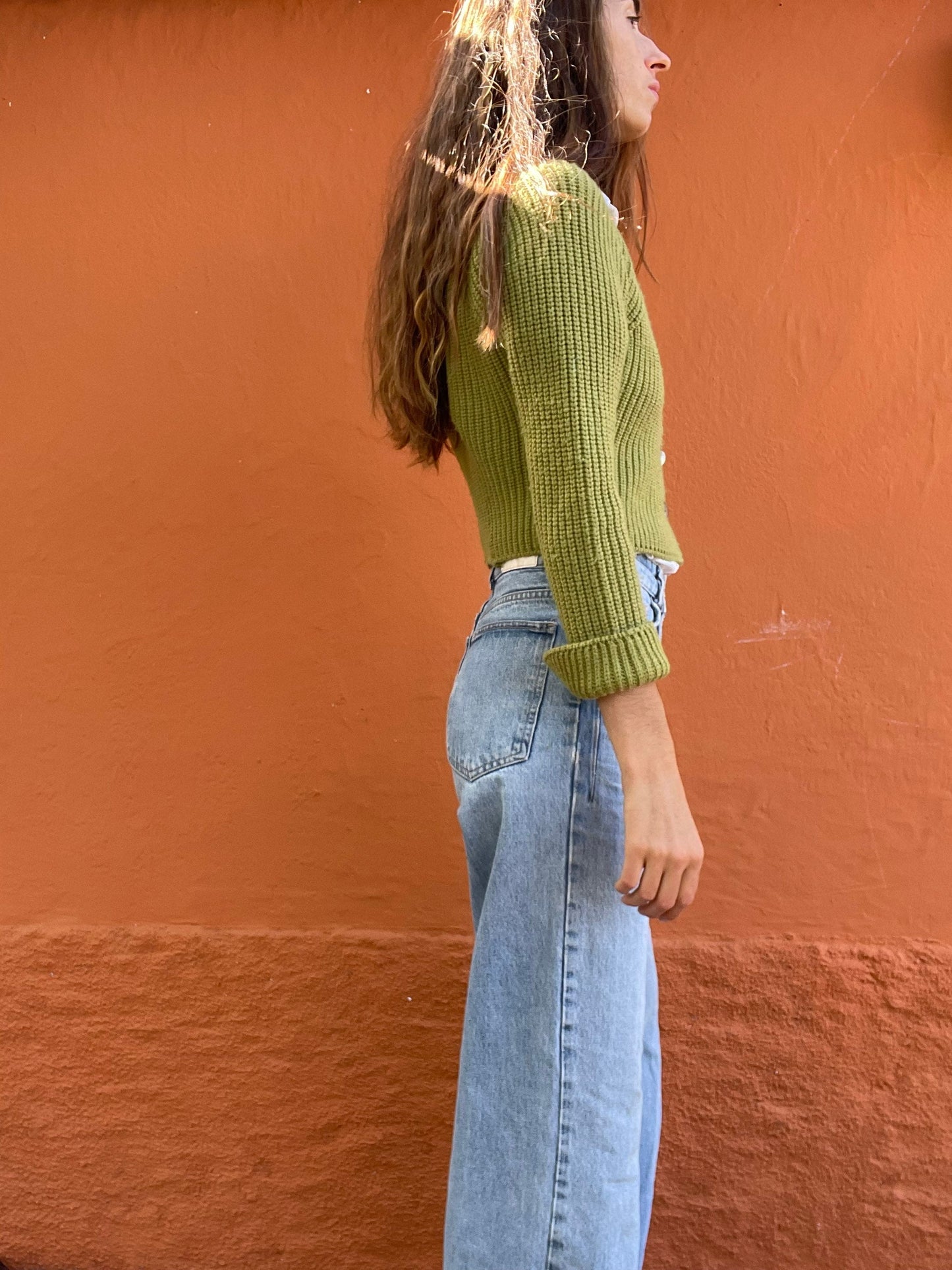 Vintage moss green cardigan with mother of pearl buttons, Wool light Academia aesthetic vest, Apple green jumper, Unisex winter clothing