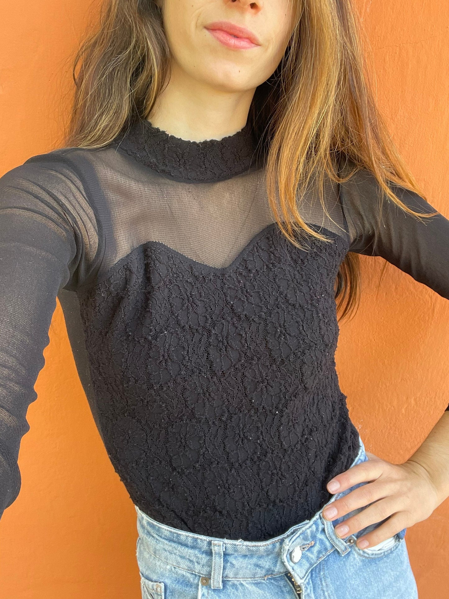 Black see through long sleeve body, Vintage Sheer turtleneck top, Retro bodysuit, Sexy summer dance clothing, Party top, Vintage Leotard, XS