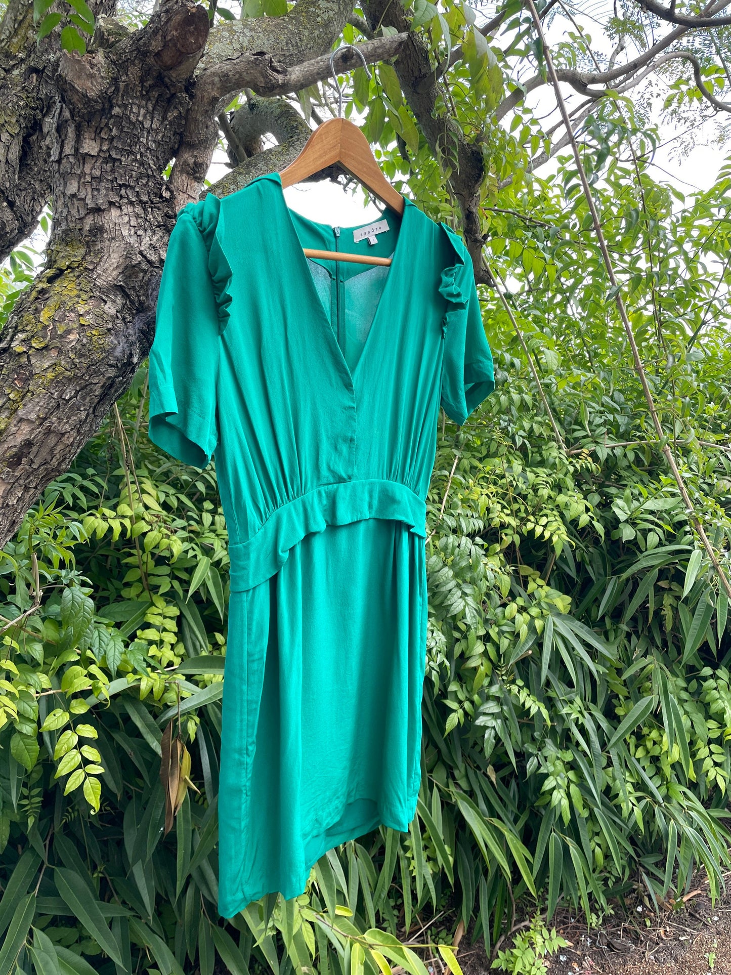 Sandro silk short emerald green dress, Elegant cocktail dress, Simple prom dress, Sustainable fashion, Vintage design clothing for women