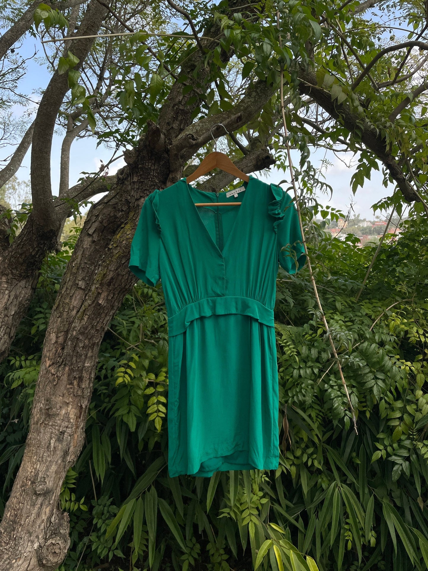 Sandro silk short emerald green dress, Elegant cocktail dress, Simple prom dress, Sustainable fashion, Vintage design clothing for women