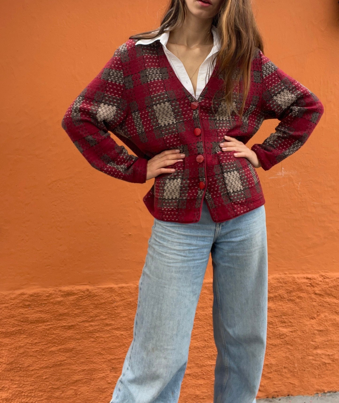 Vintage Pierre Cardin red cardigan, Academia aesthetic jumper, Vintage clothing, Unisex winter clothing