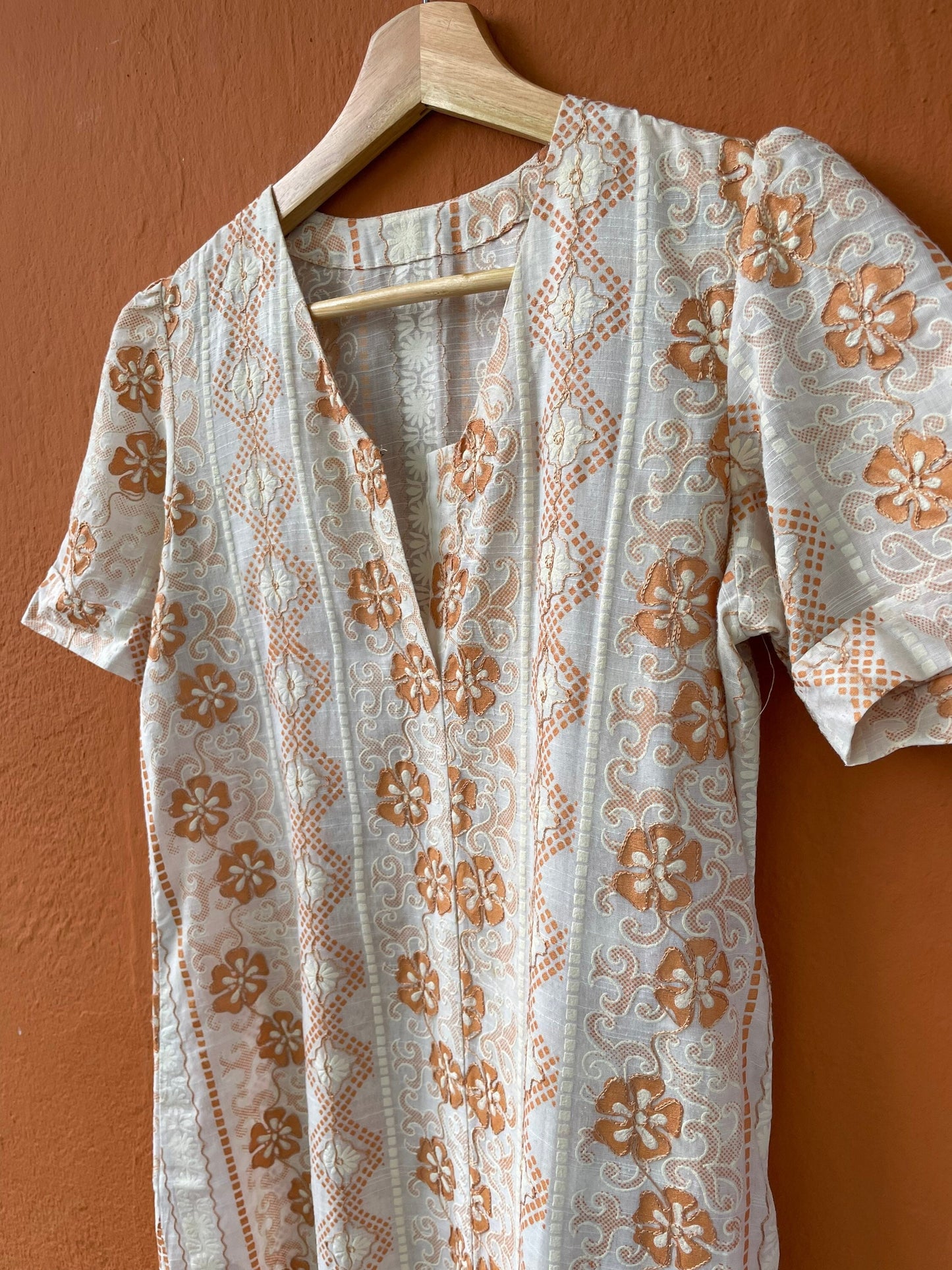 Orange and white long 70s dress tangerine vintage woman's nightgown, Feminine Cottage core nightie, M