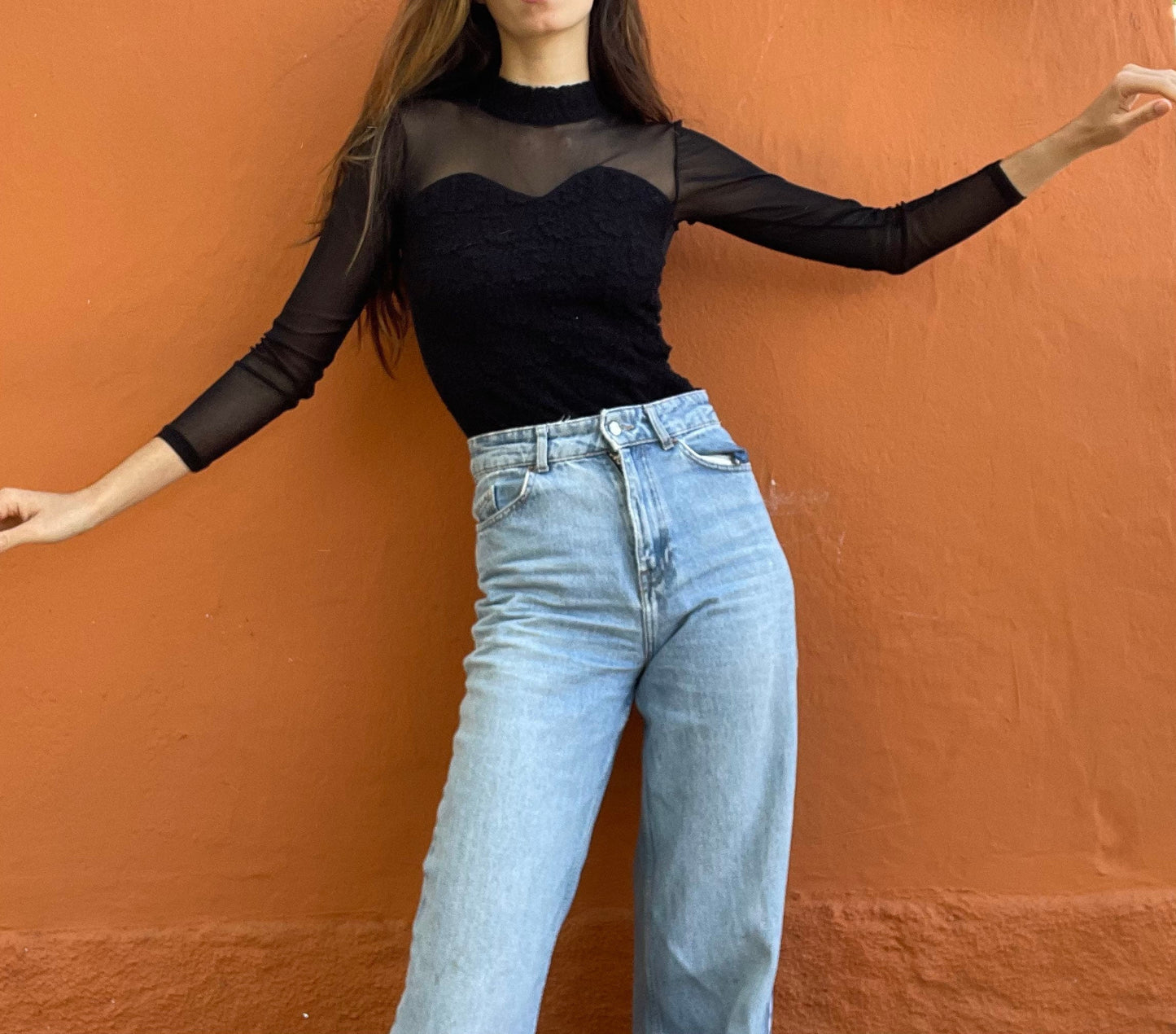 Black see through long sleeve body, Vintage Sheer turtleneck top, Retro bodysuit, Sexy summer dance clothing, Party top, Vintage Leotard, XS