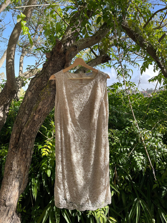 Vintage beige lace bodycon dress, Sexy sleeveless dress, Eggshell slip dress, Creme lace slip dress, M