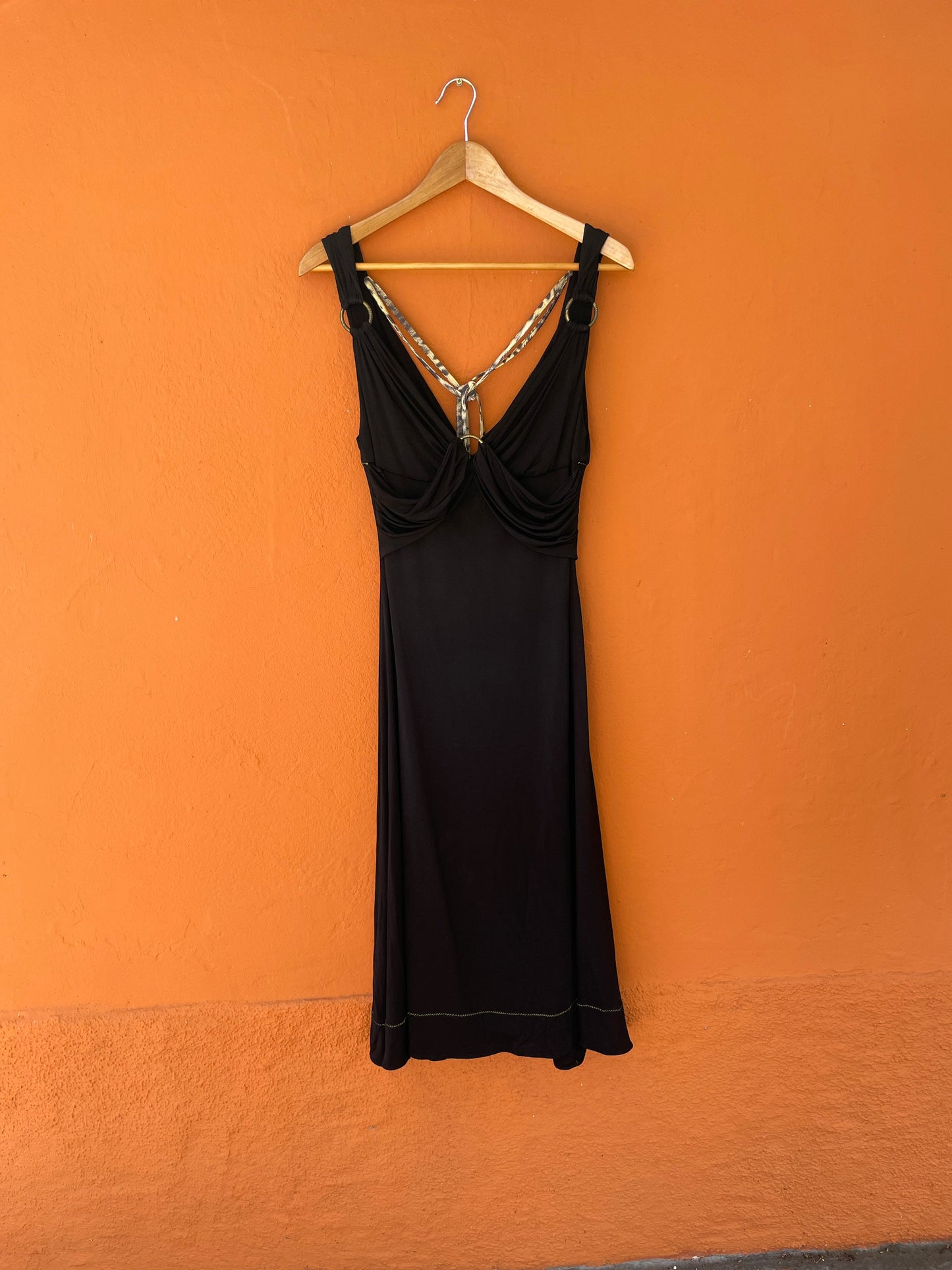 Vintage Just Cavalli formal maxi dress, Elegant black deep v cocktail dress, Animal pattern long dress, L