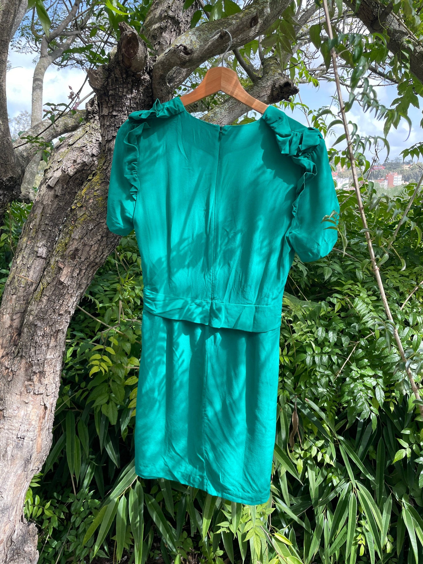 Sandro silk short emerald green dress, Elegant cocktail dress, Simple prom dress, Sustainable fashion, Vintage design clothing for women