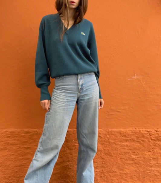 Forest green vintage Chemise Lacoste sweaterverst, V neck dark green Dark Academia aesthetic jumper, V neck winter sweater, Vintage unisex