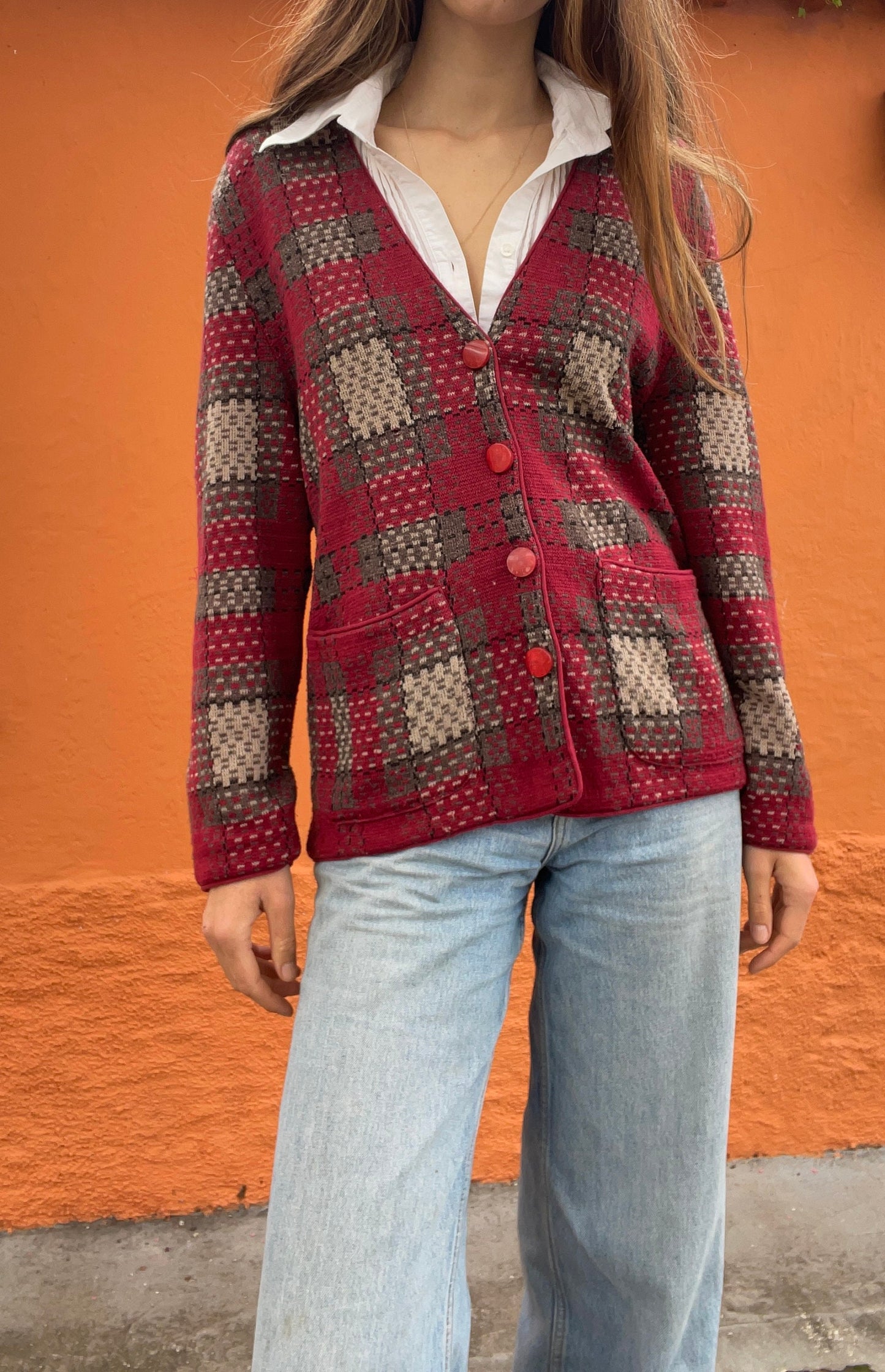 Vintage Pierre Cardin red cardigan, Academia aesthetic jumper, Vintage clothing, Unisex winter clothing