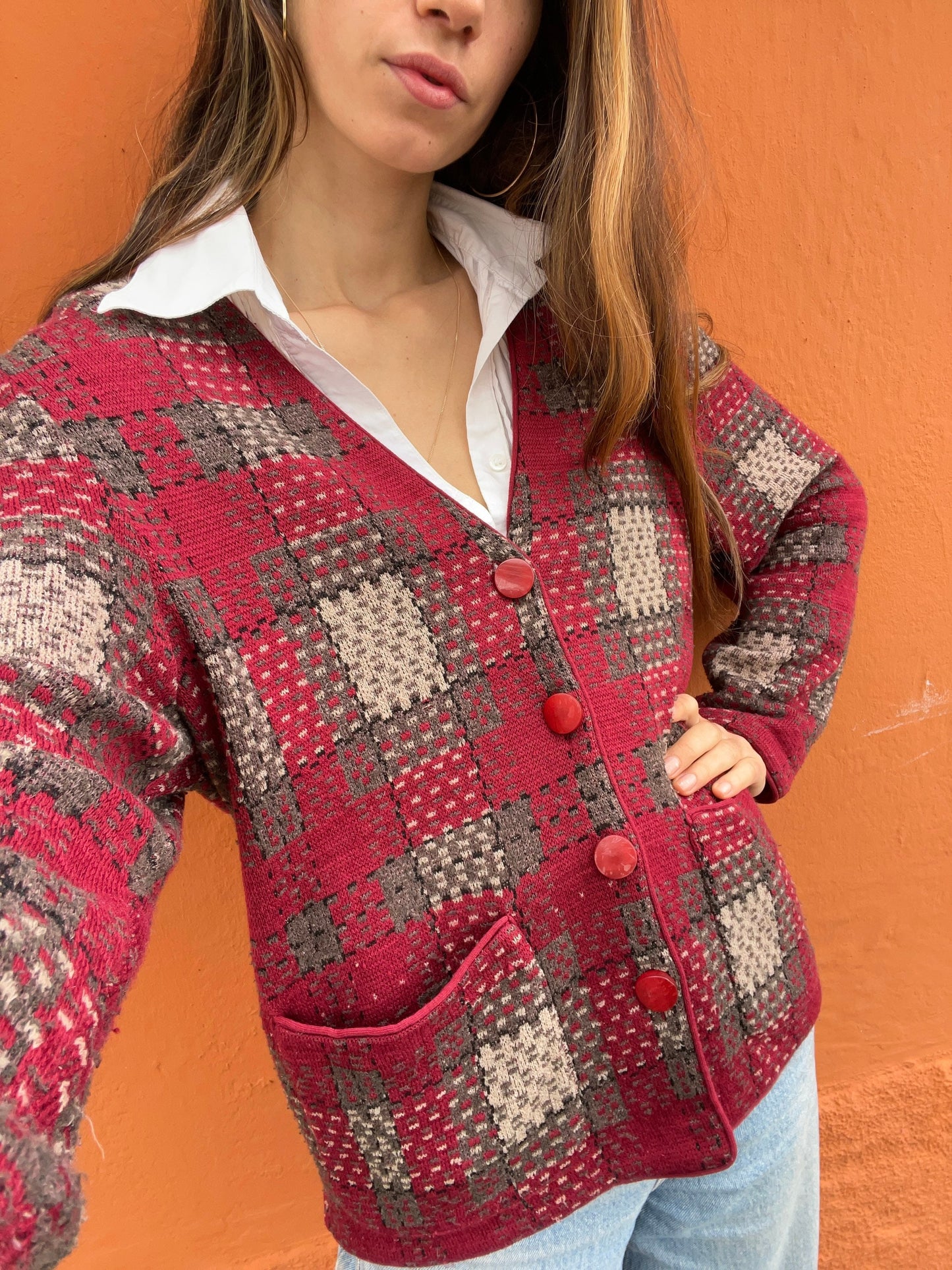 Vintage Pierre Cardin red cardigan, Academia aesthetic jumper, Vintage clothing, Unisex winter clothing