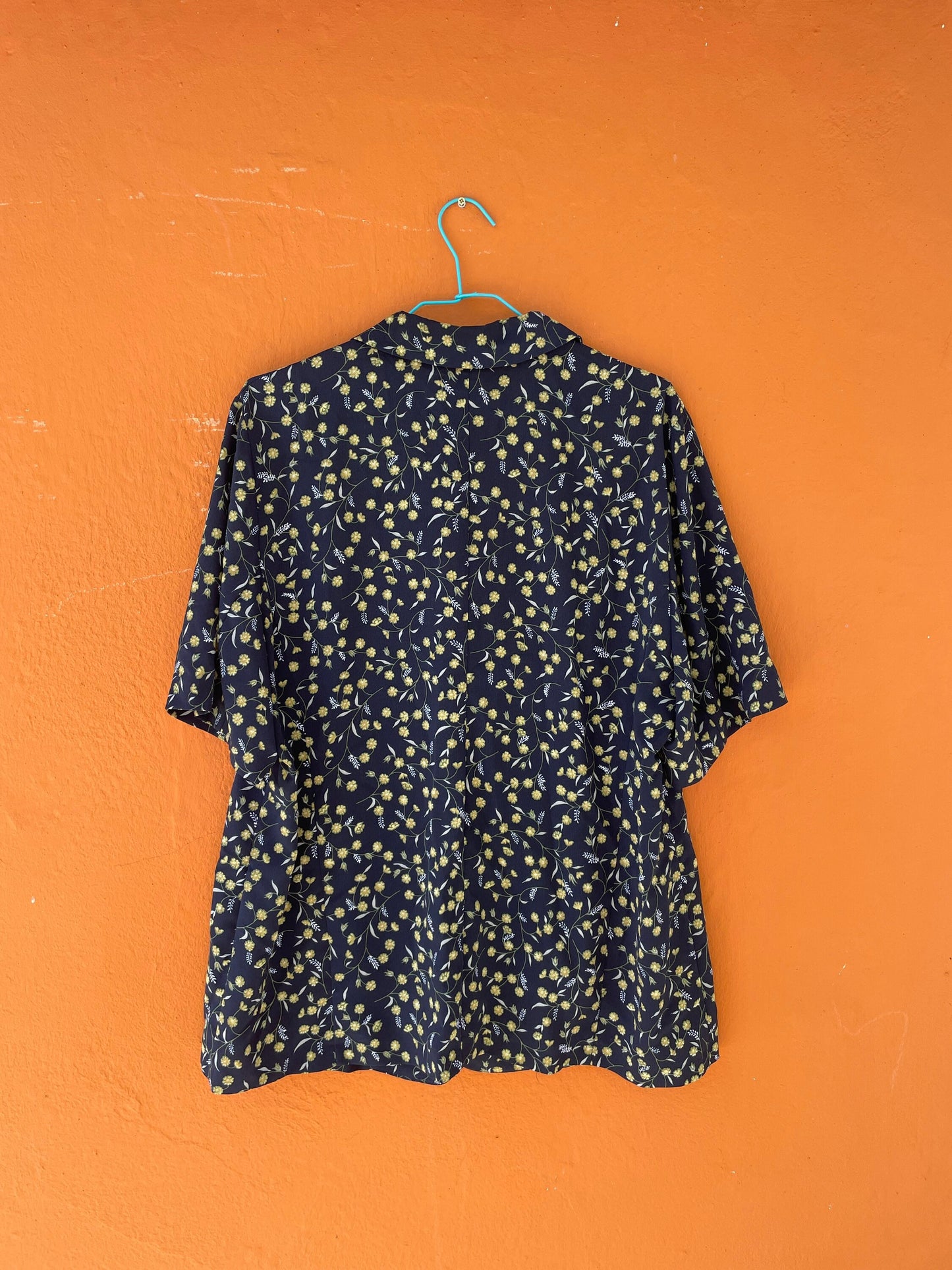 Blue and yellow flower blouse, Vintage summer shirt, Cute knot tie oversized blouse, 80s secretary top, XL