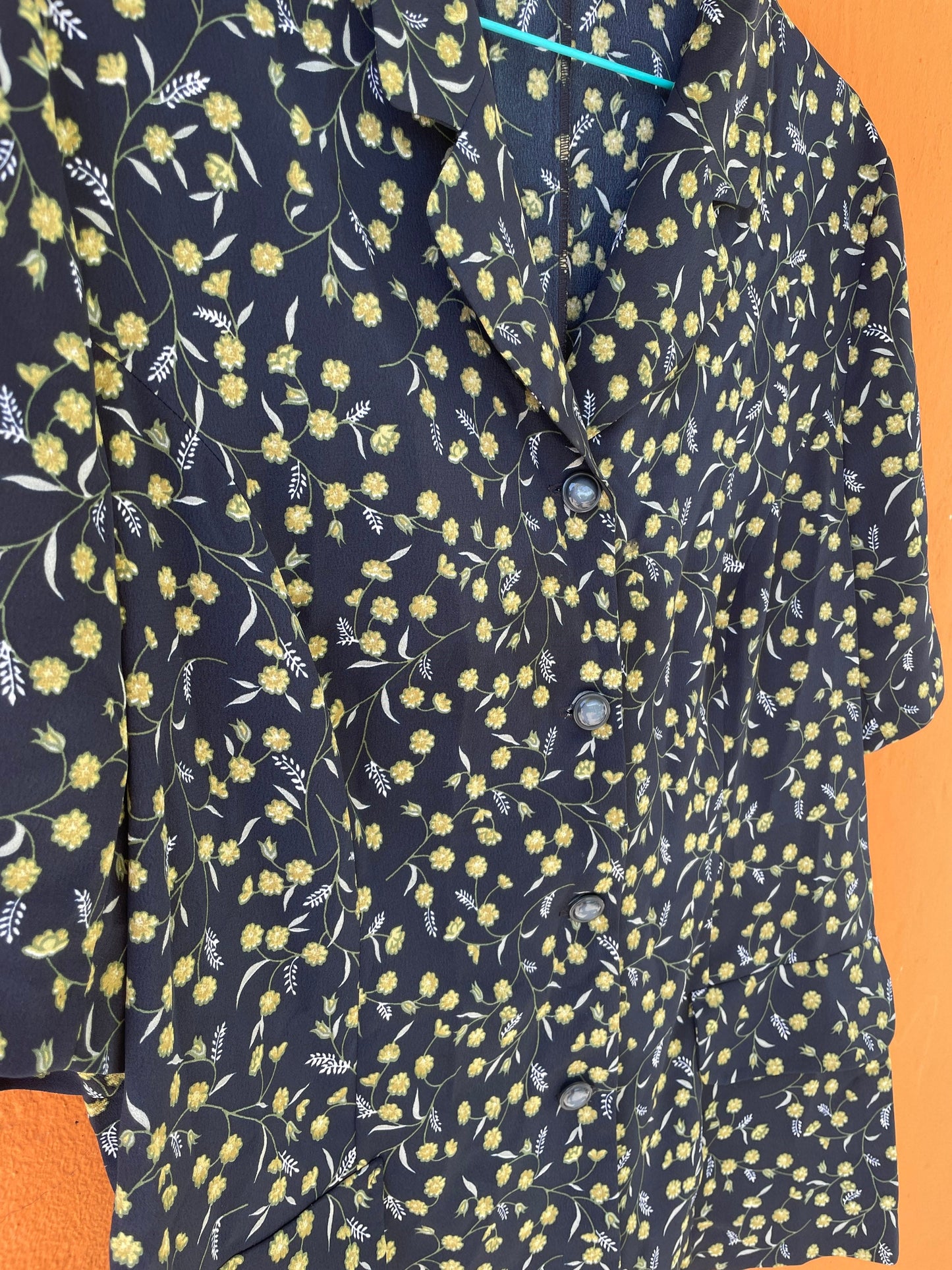 Blue and yellow flower blouse, Vintage summer shirt, Cute knot tie oversized blouse, 80s secretary top, XL