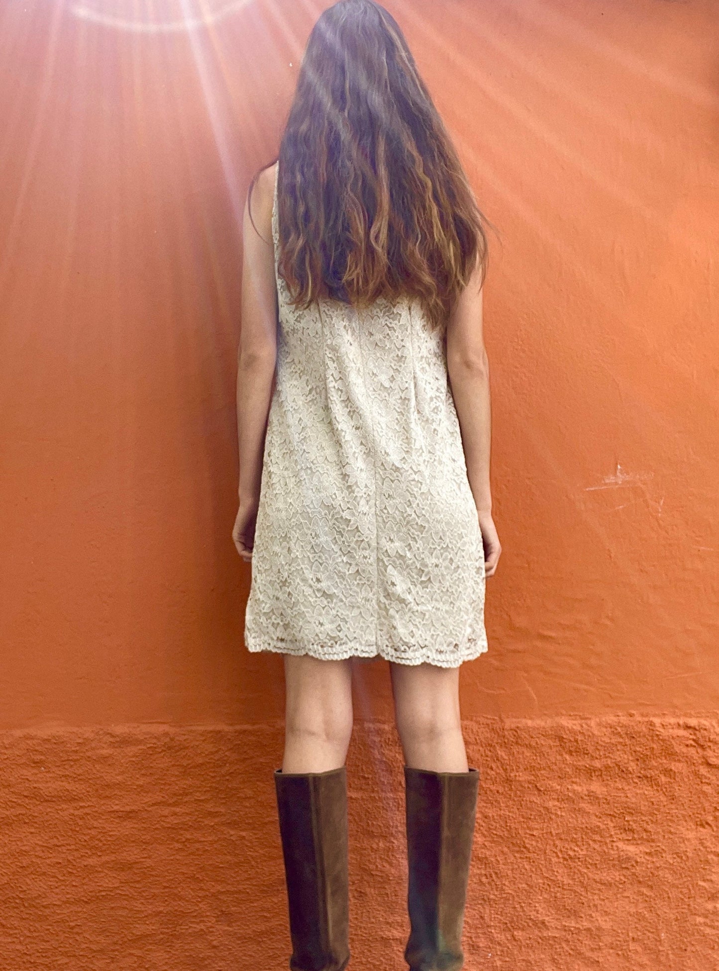 Vintage beige lace bodycon dress, Eggshell / Creme lace slip dress, M