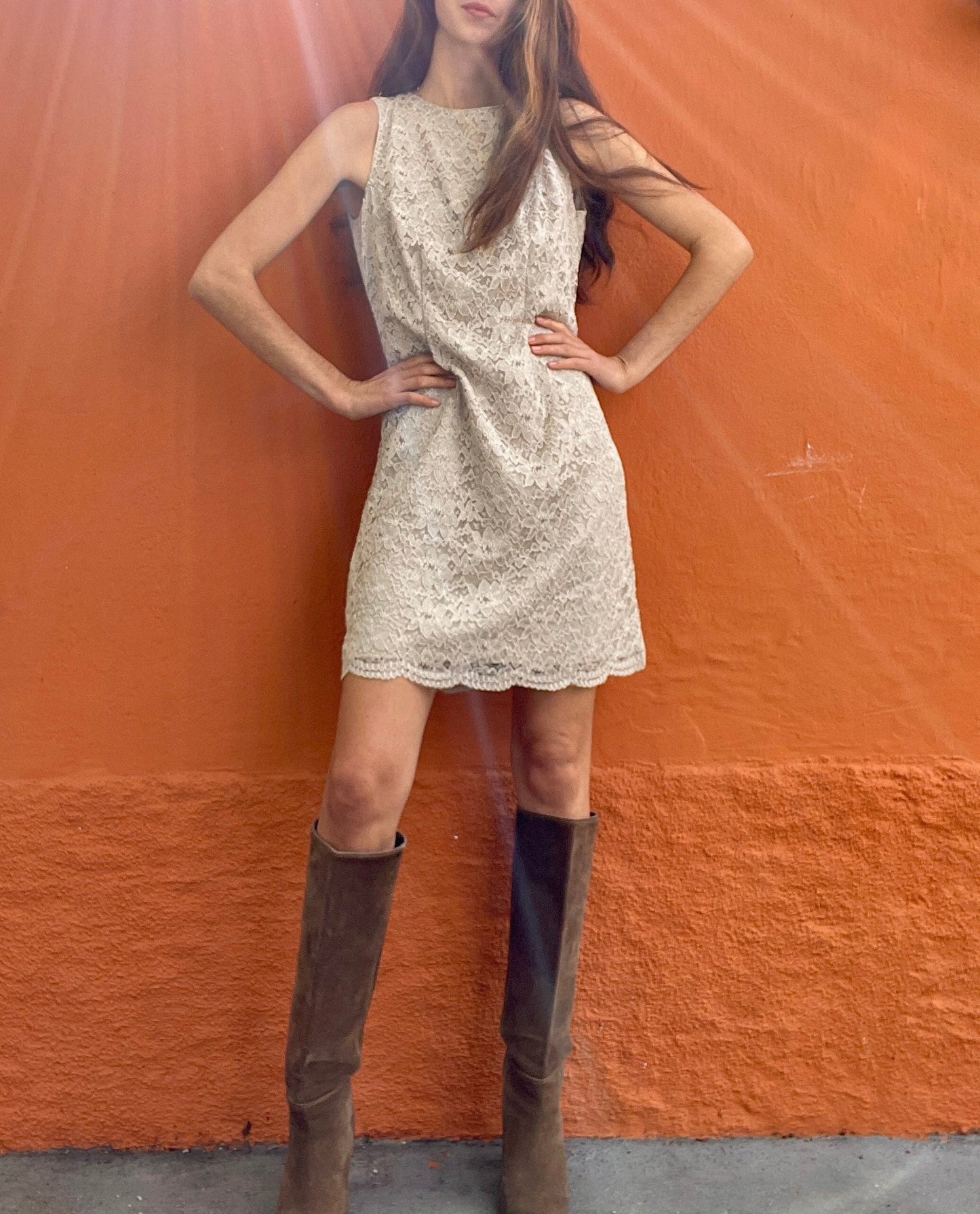 Vintage beige lace bodycon dress, Sexy sleeveless dress, Eggshell slip dress, Creme lace slip dress, M