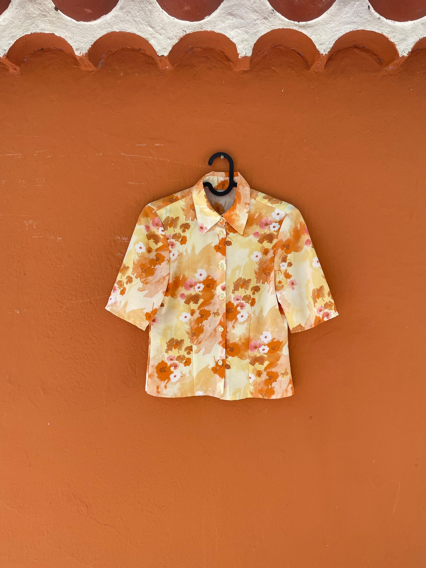 Vintage resort wear woman blouse, Colourful summer shirt, Feminine button up blouse, Handmade vintage 70s top, XXS