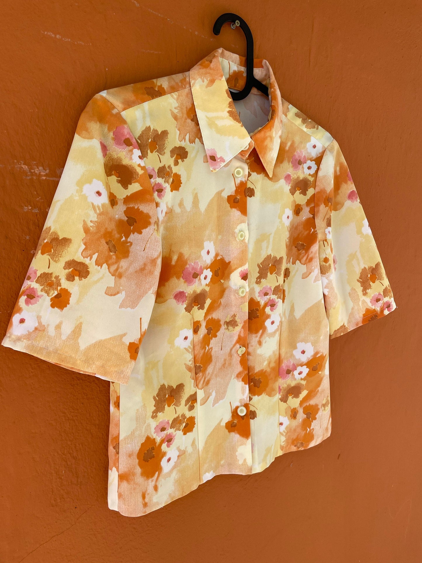Vintage resort wear woman blouse, Colourful summer shirt, Feminine button up blouse, Handmade vintage 70s top, XXS