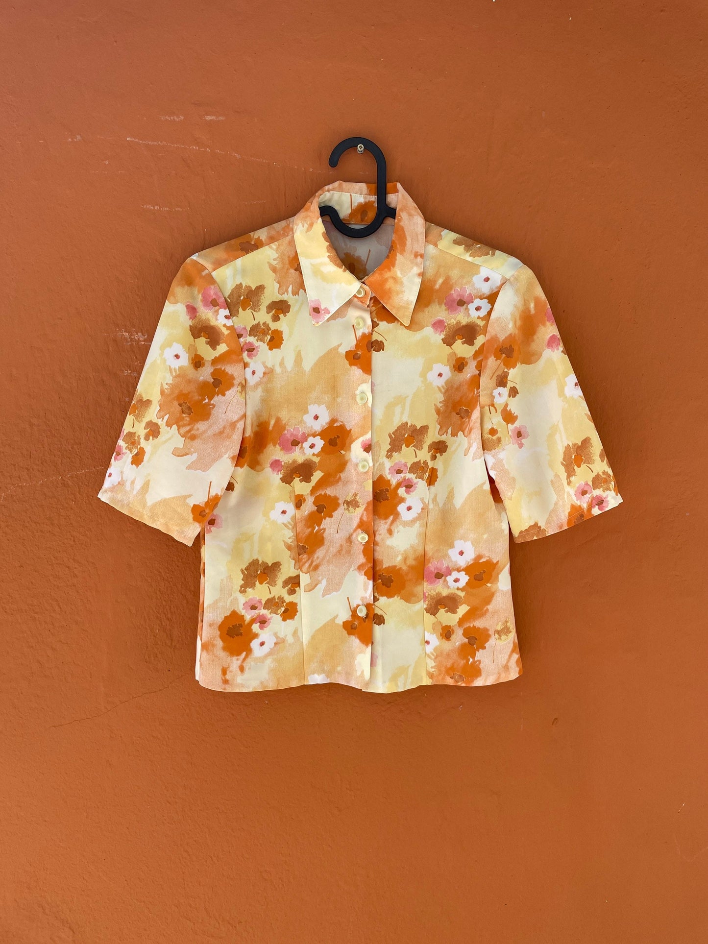 Vintage resort wear woman blouse, Colourful summer shirt, Feminine button up blouse, Handmade vintage 70s top, XXS