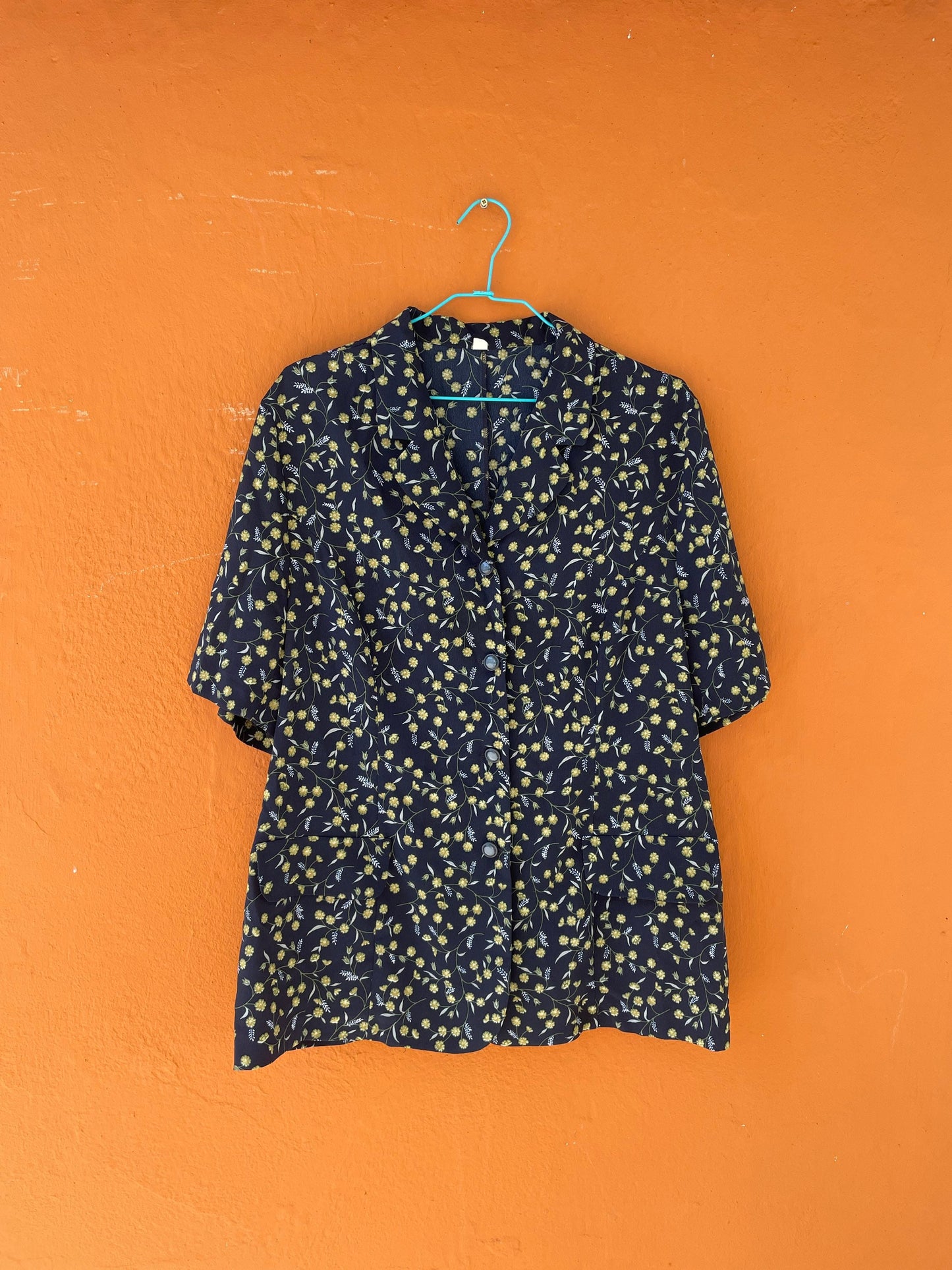 Blue and yellow flower blouse, Vintage summer shirt, Cute knot tie oversized blouse, 80s secretary top, XL